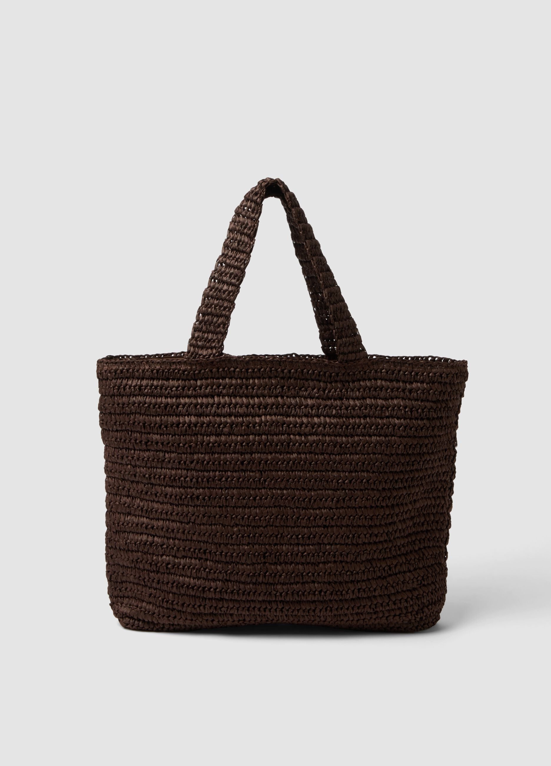 Brown woven paper fabric bag with internal pocket