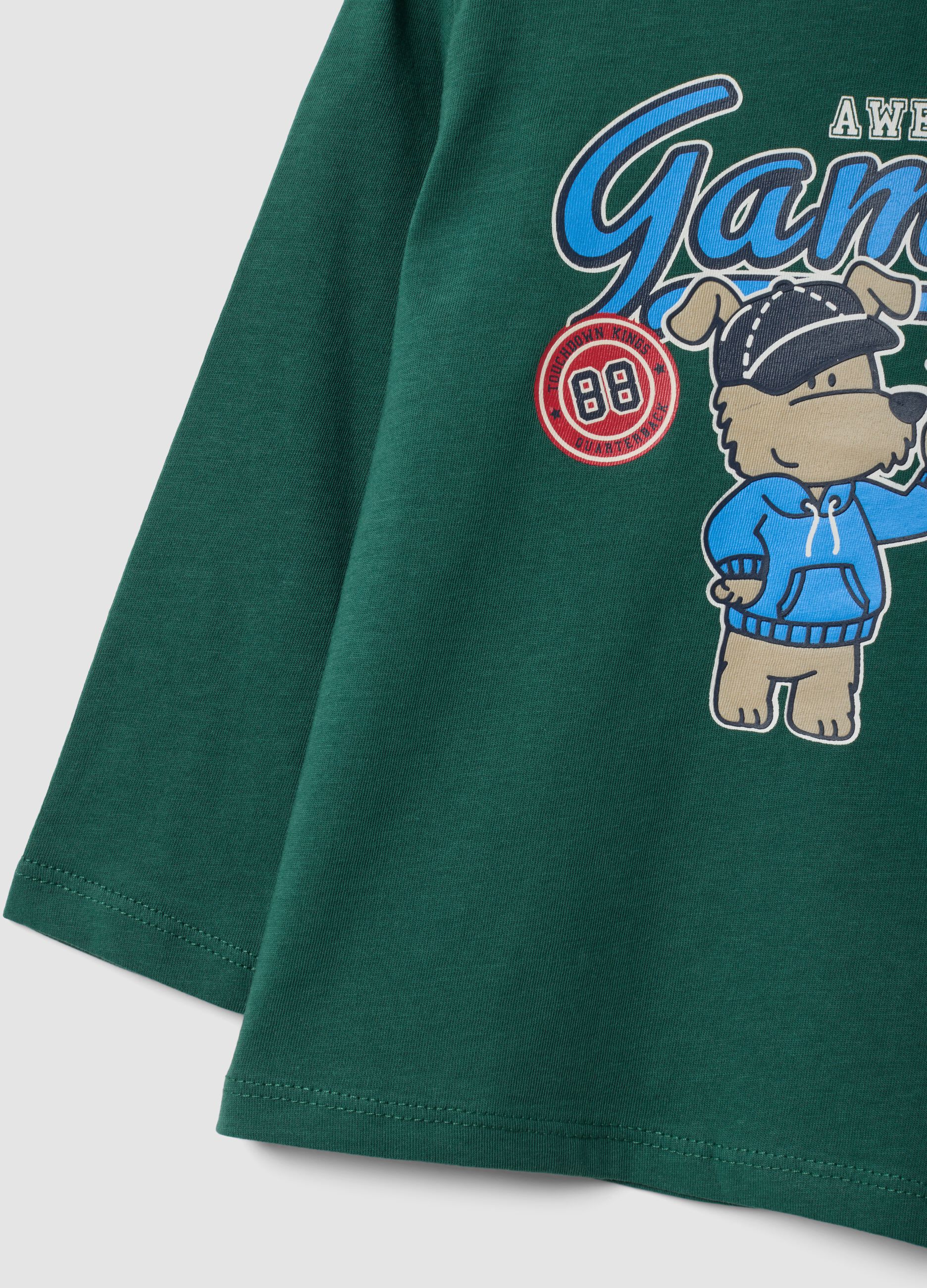 T-shirt verde in puro cotone organico con stampa cagnolino per bimbo