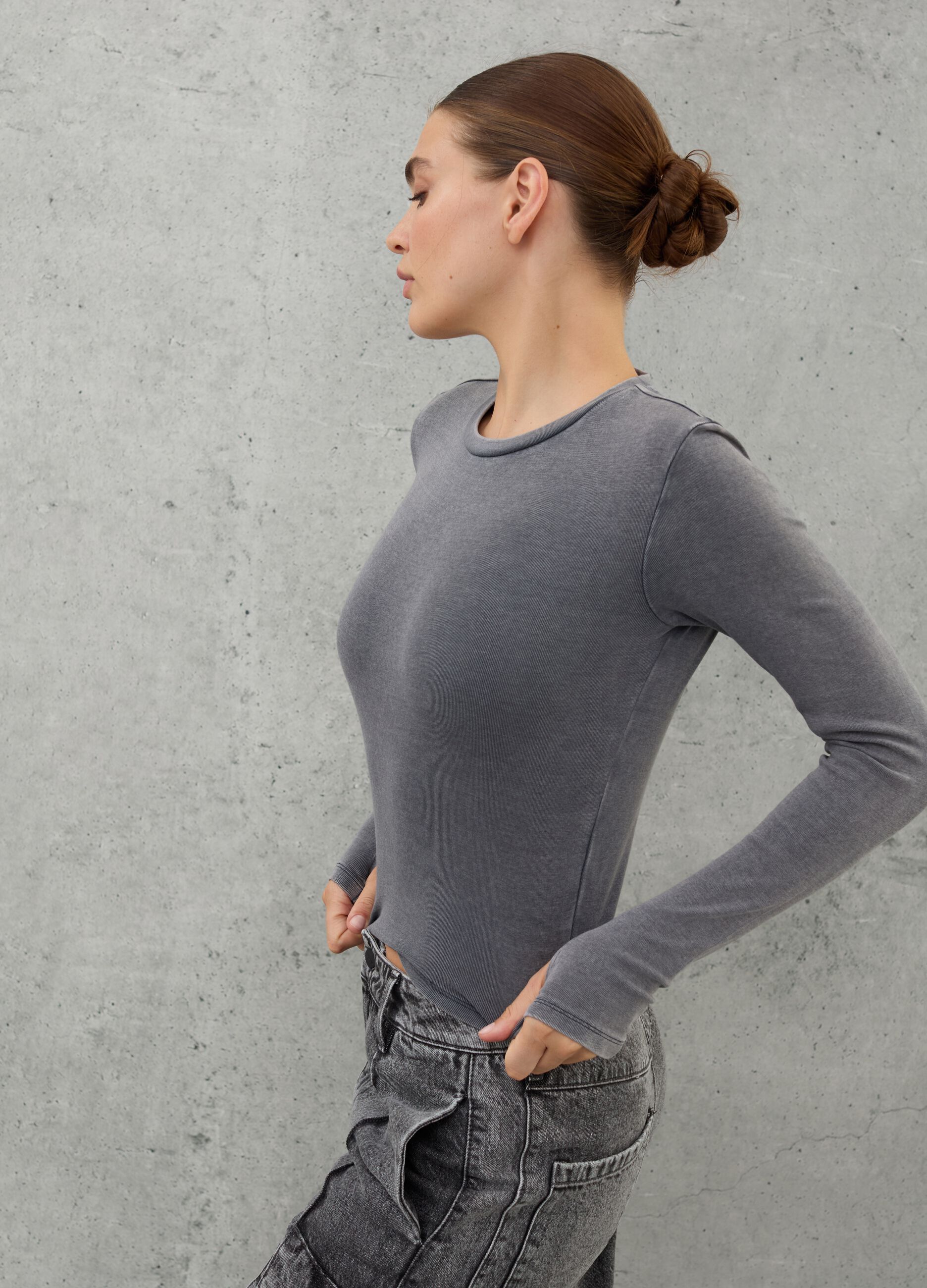 Long-sleeved Crop T-shirt Vintage Grey