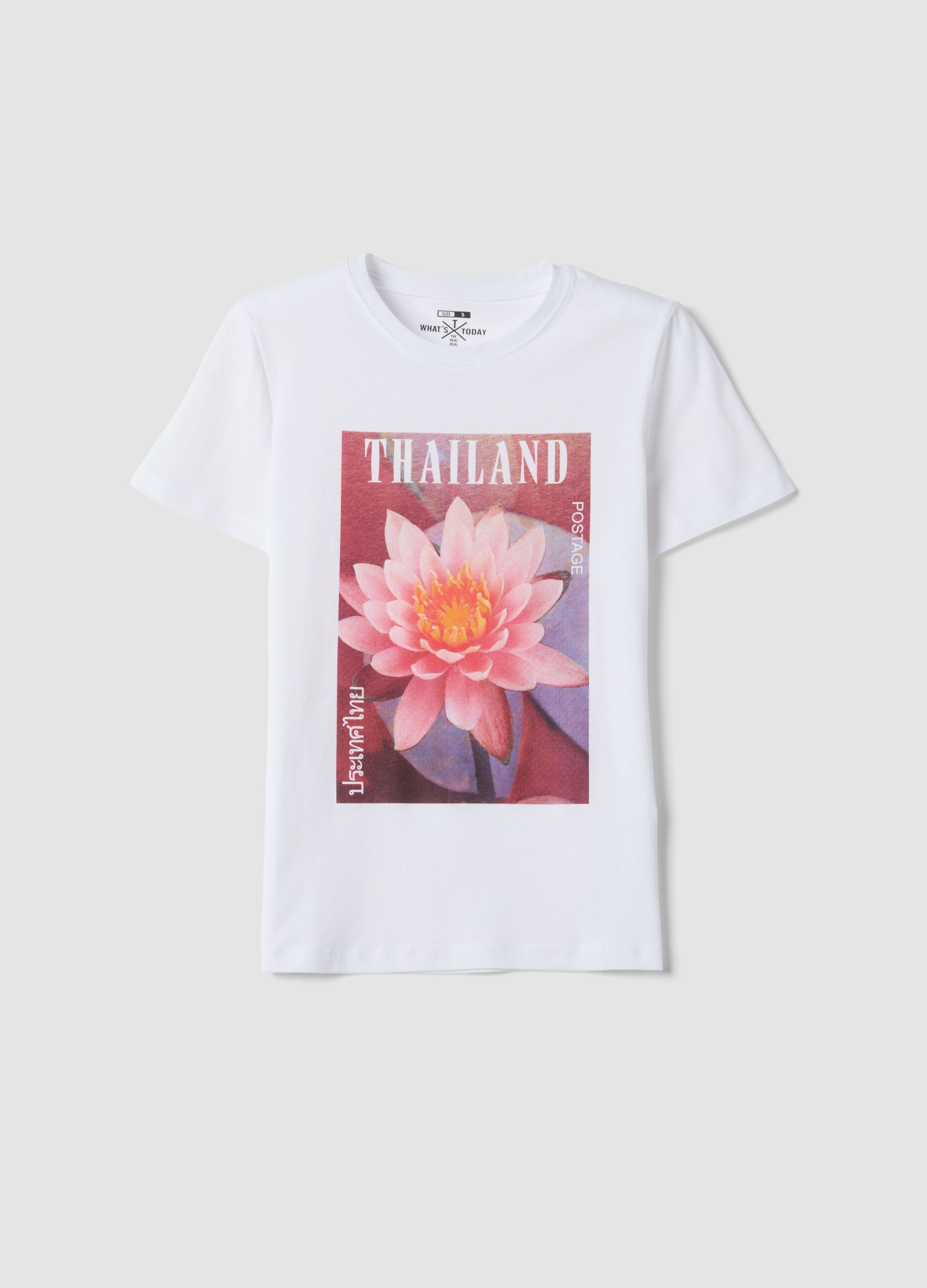 White pure cotton T-shirt with floral print