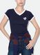 T-shirt blu in puro cotone con scollo a V e stampa frontale_3
