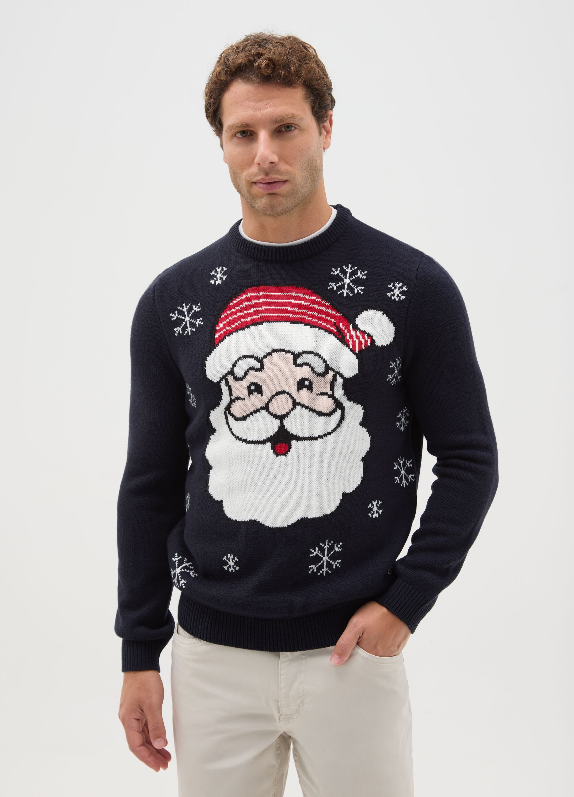 Blue regular fit Christmas jumper with Santa Claus embroidery