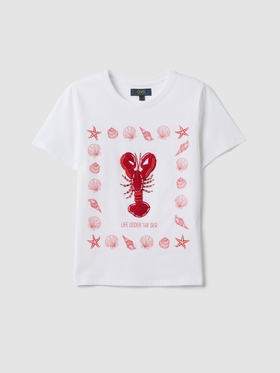 White pure cotton T-shirt with front print_0