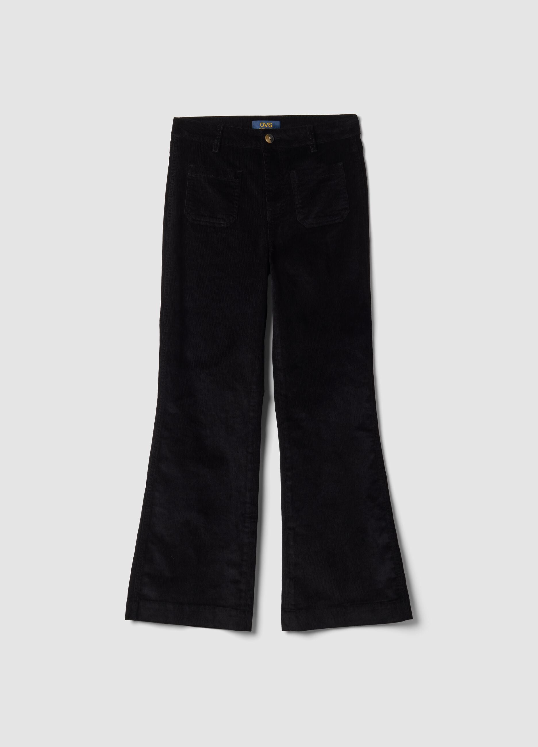 Schwarze Flared-Hose aus geripptem Stretch-Baumwoll-Modal