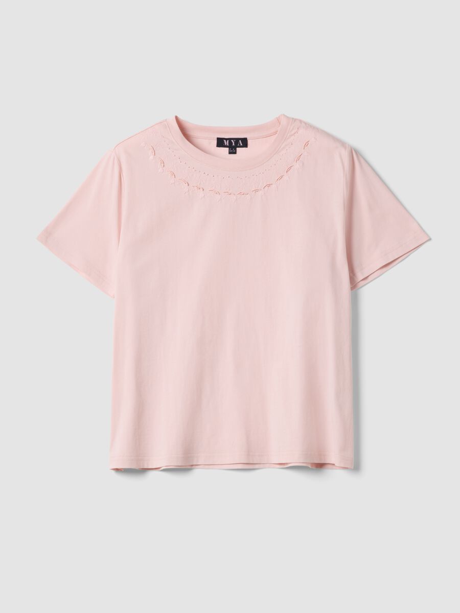 Rosa T-Shirt aus reiner Baumwolle mit Stickerei am Ausschnitt_4