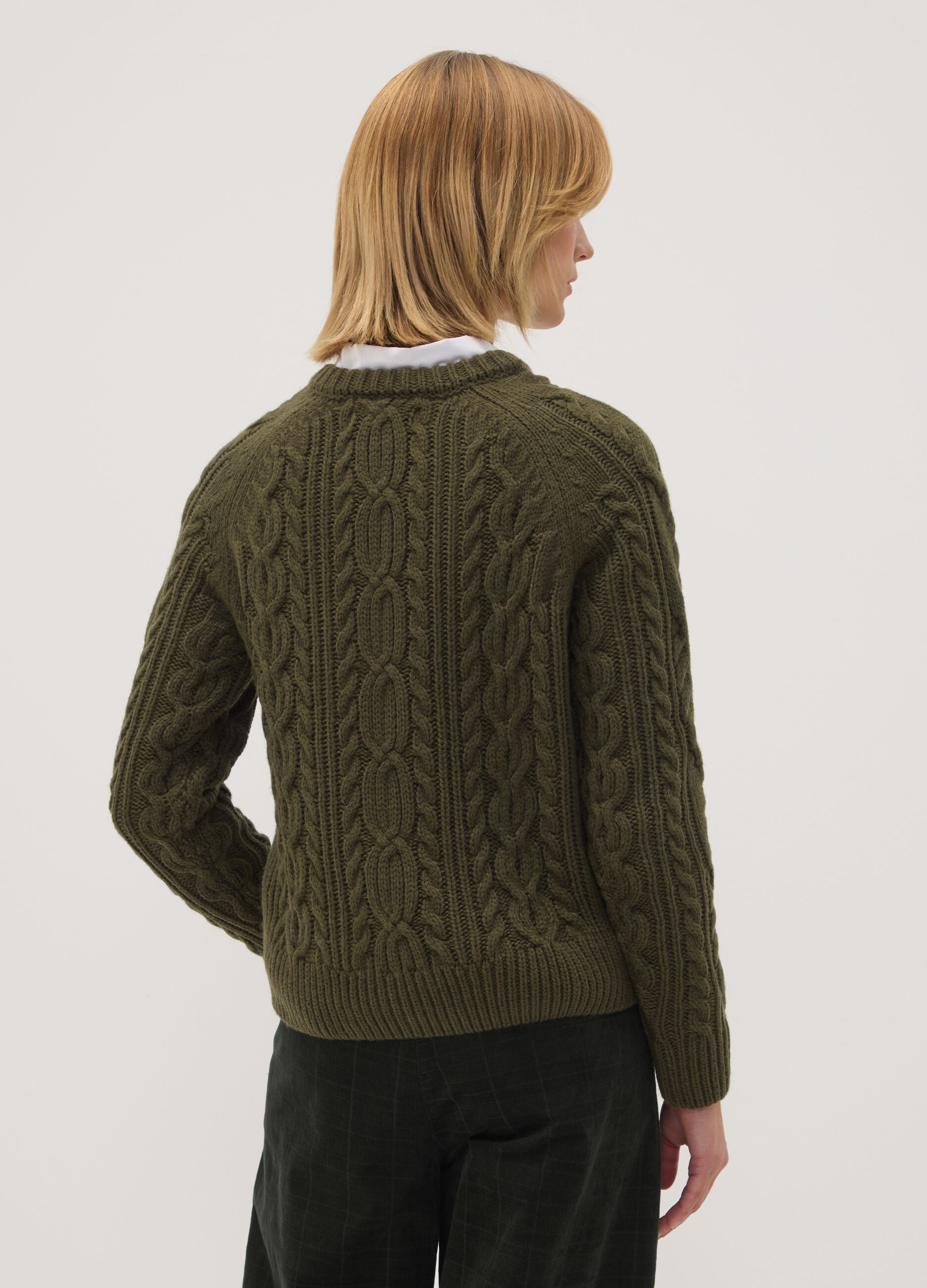 Green cable-knit wool-blend crew neck jumper