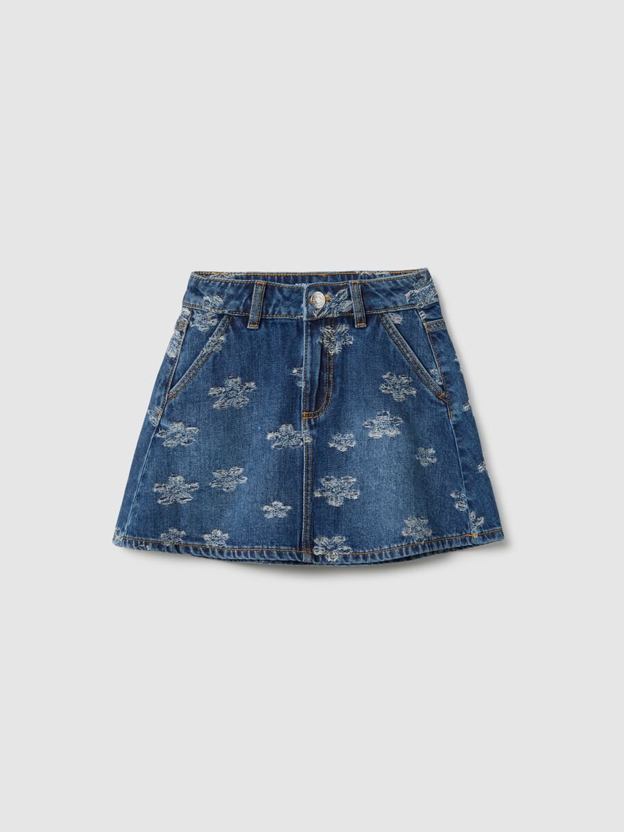 Blue denim pure cotton skirt with floral prints for girls, regular fit_0