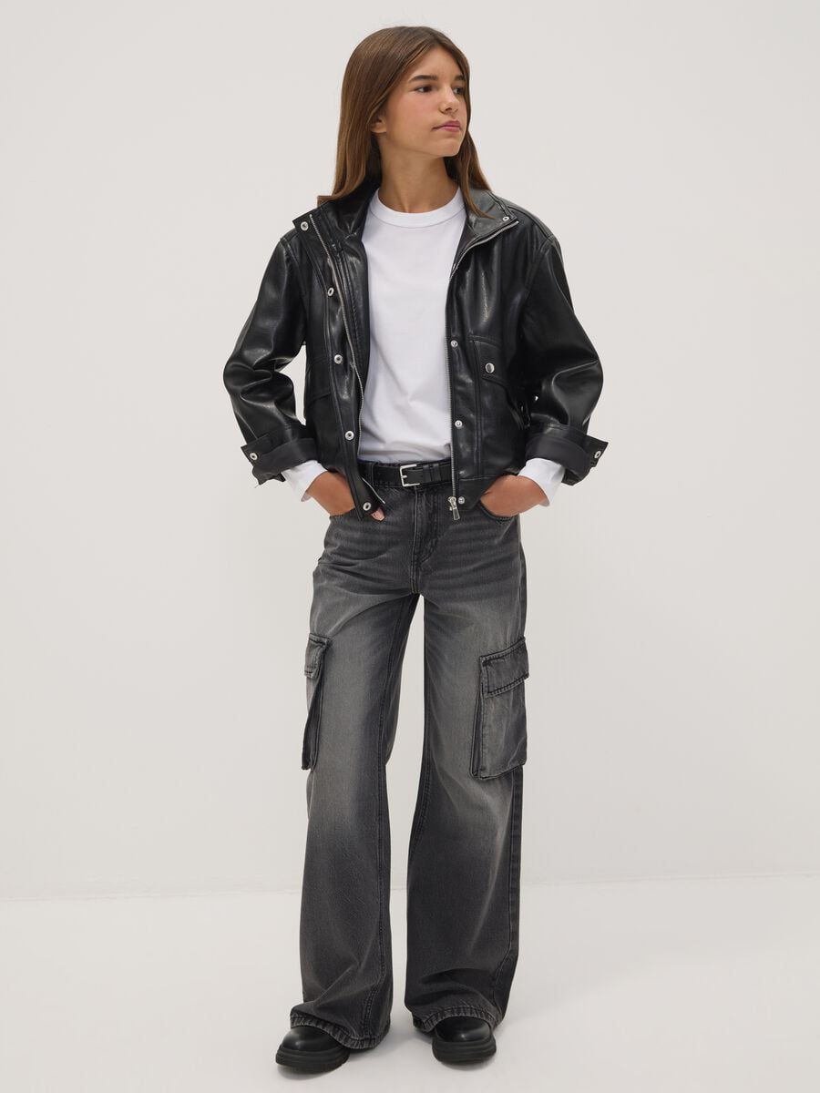 Girls&rsquo; grey cargo jeans in pure cotton, relaxed fit_0
