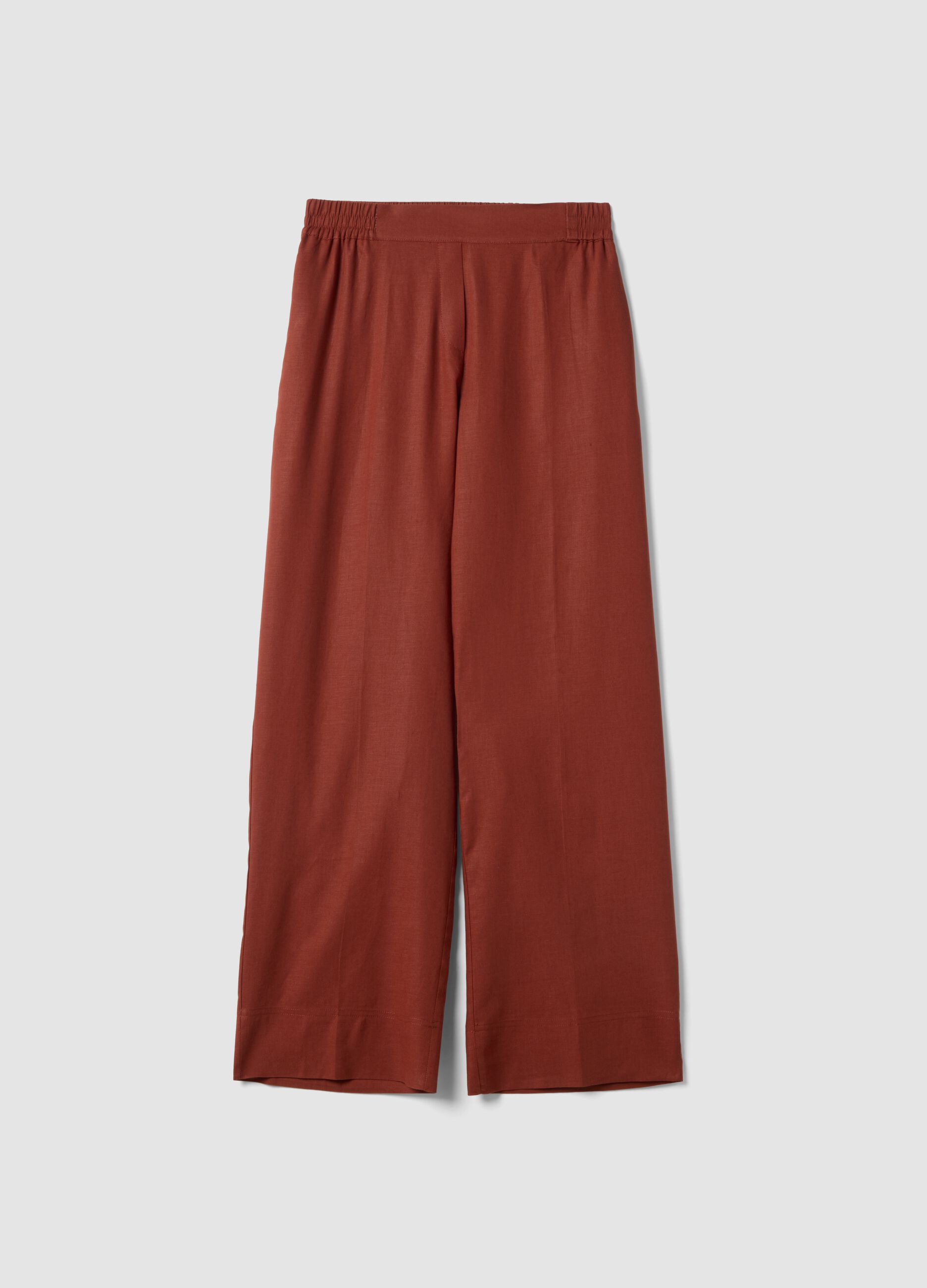 Red wide leg linen-viscose blend trousers