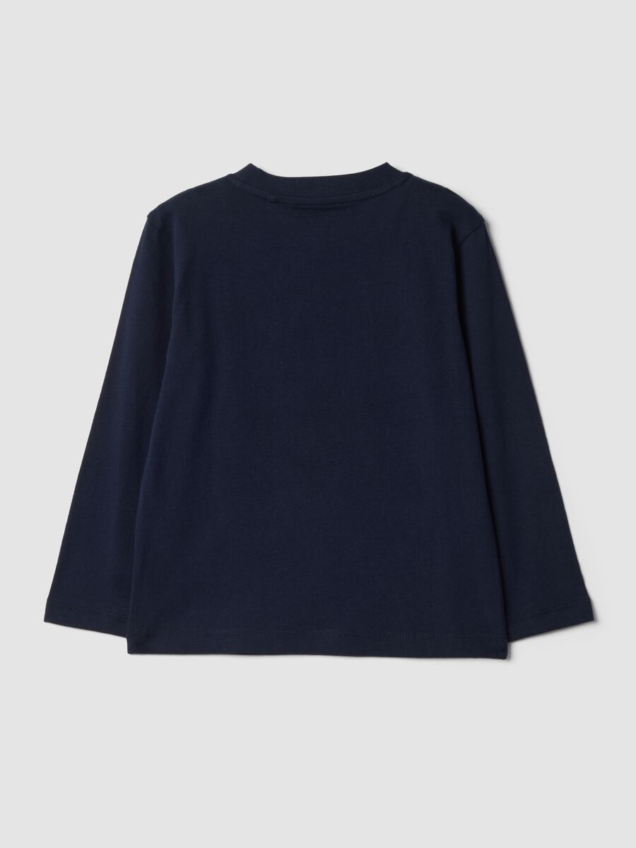 T-shirt blu in puro cotone organico con stampa college_1