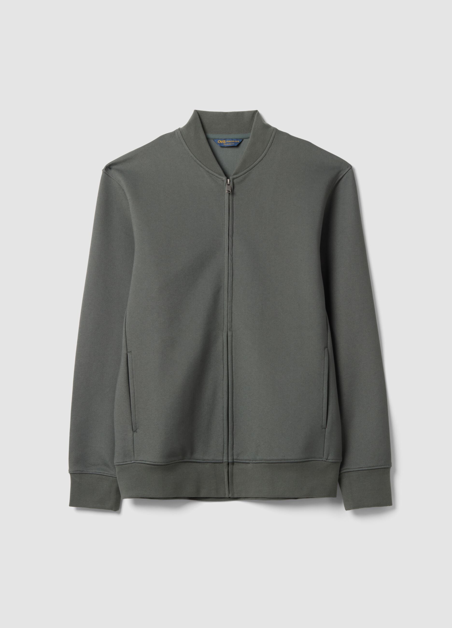 Graues Full-Zip-Sweatshirt aus Stretch-Piqu&eacute; mit Rippkragen