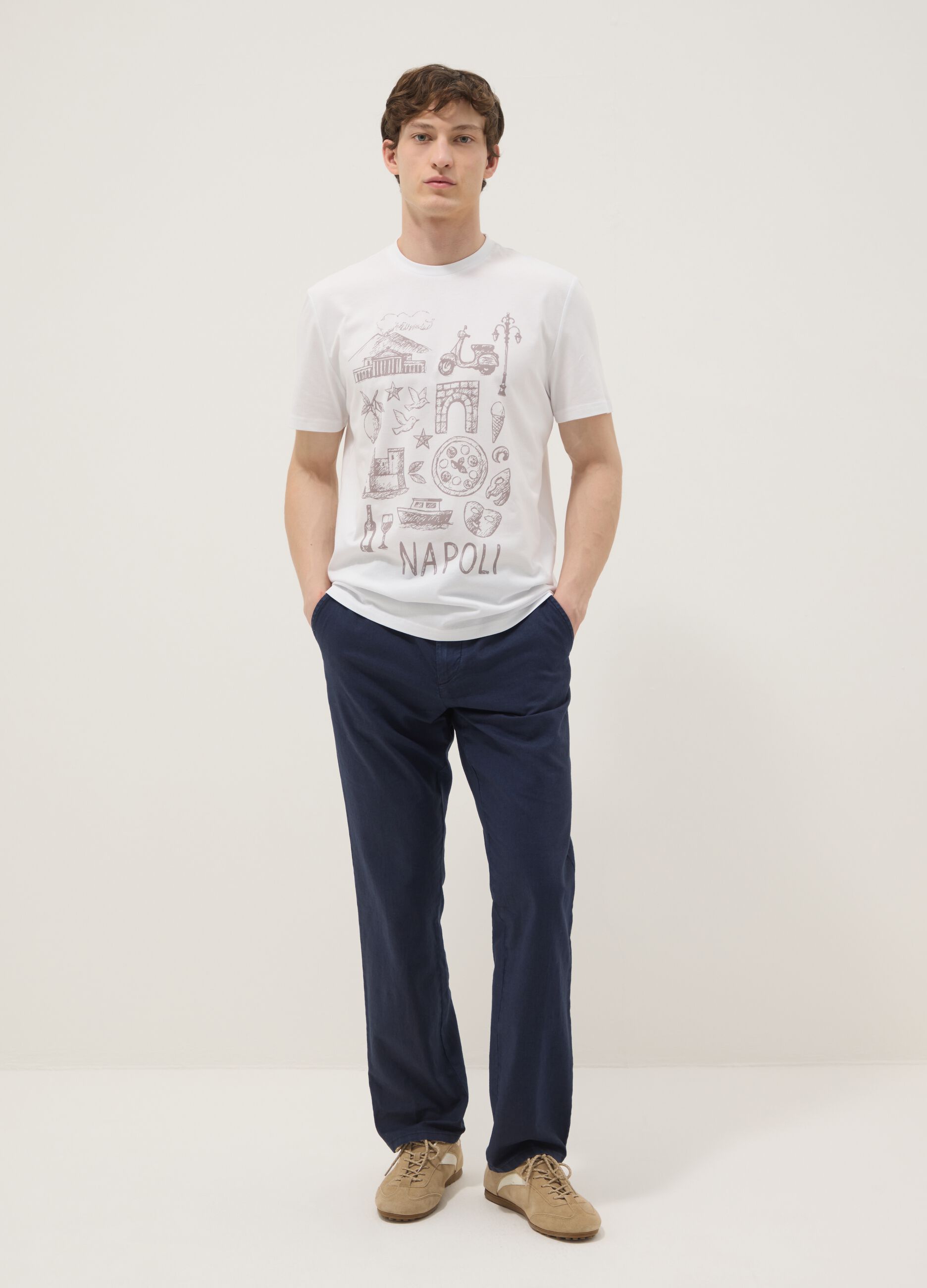 Wei&szlig;es T-Shirt aus reiner Baumwolle mit Frontprint, Regular Fit