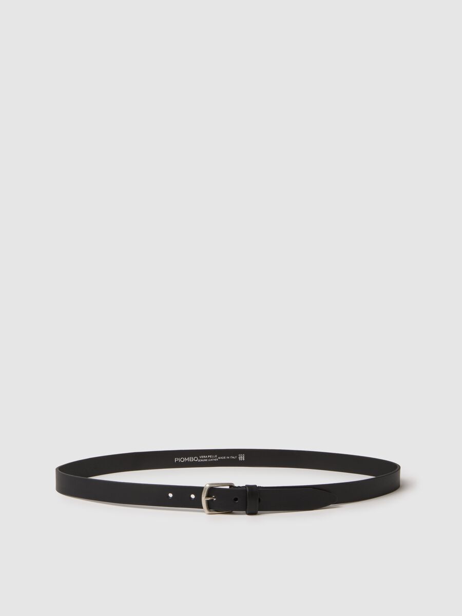 Black genuine leather belt with metal buckle_0