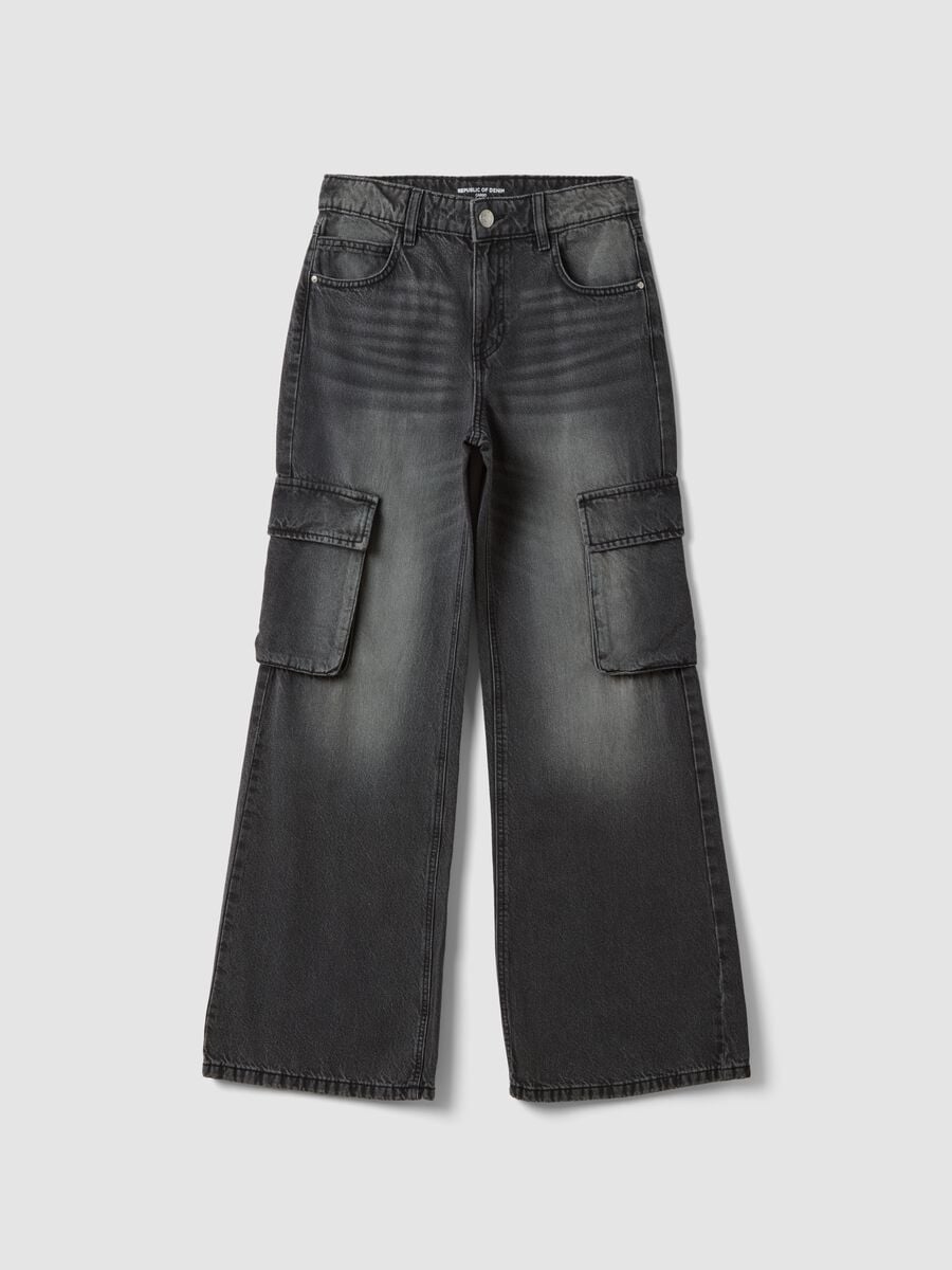 Jeans grigi cargo in puro cotone relaxed fit per ragazza_0