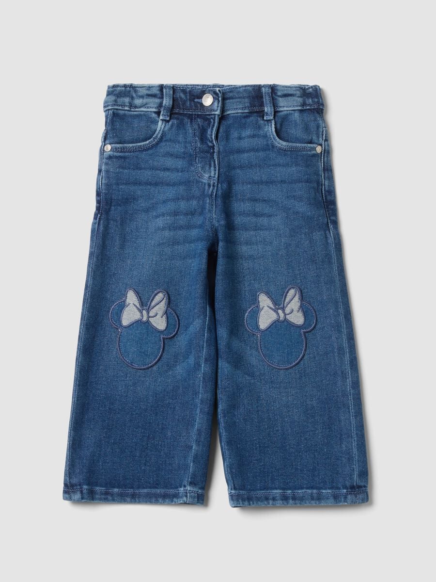 Jeans blu chiaro wide leg in cotone elasticizzato con ricami Minnie_0