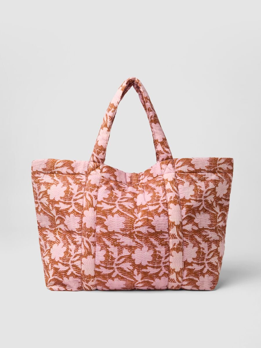 Pink pure quilted cotton beach bag with floral print_1