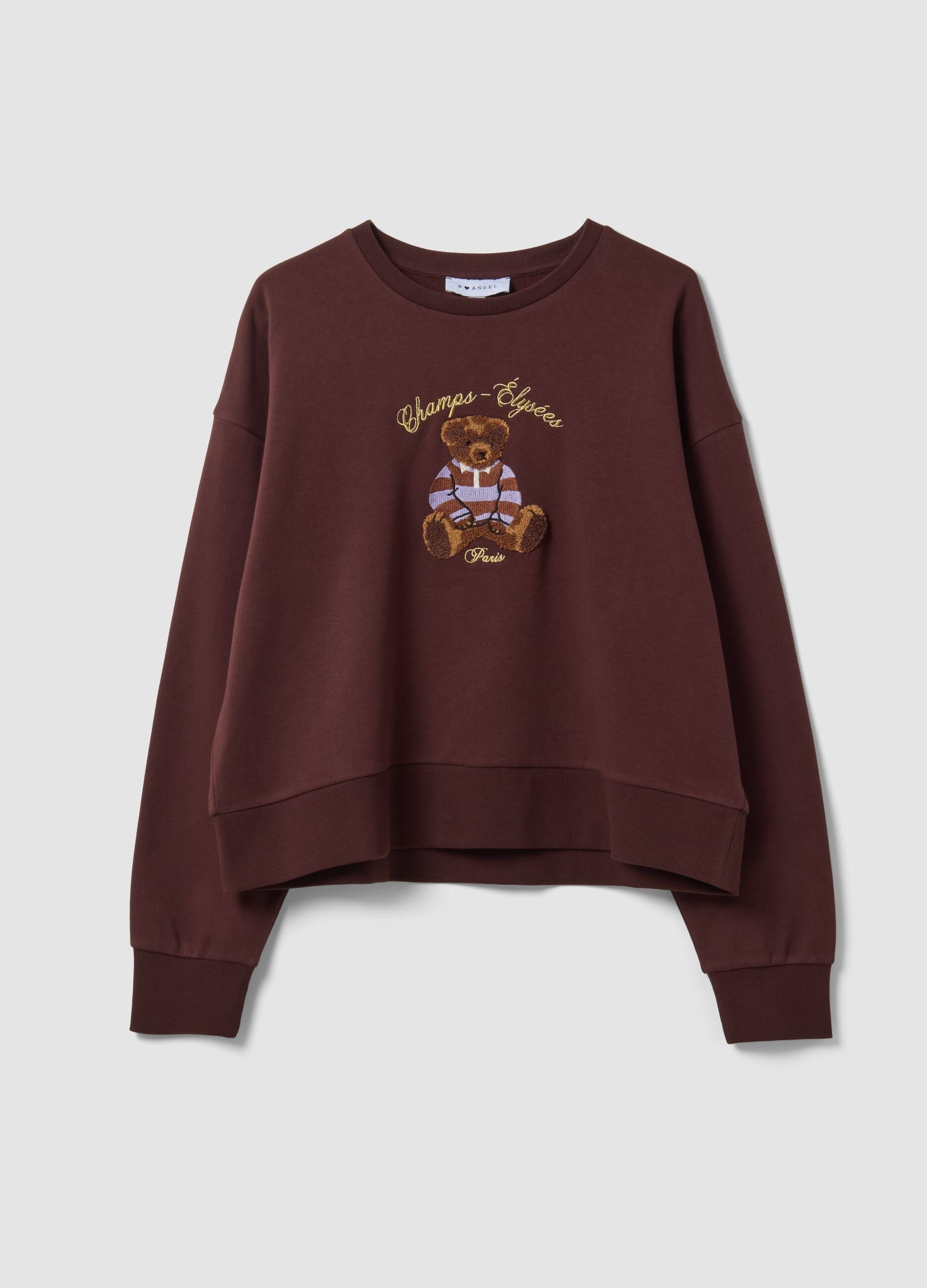Brown cotton-blend crew-neck sweatshirt with teddy print