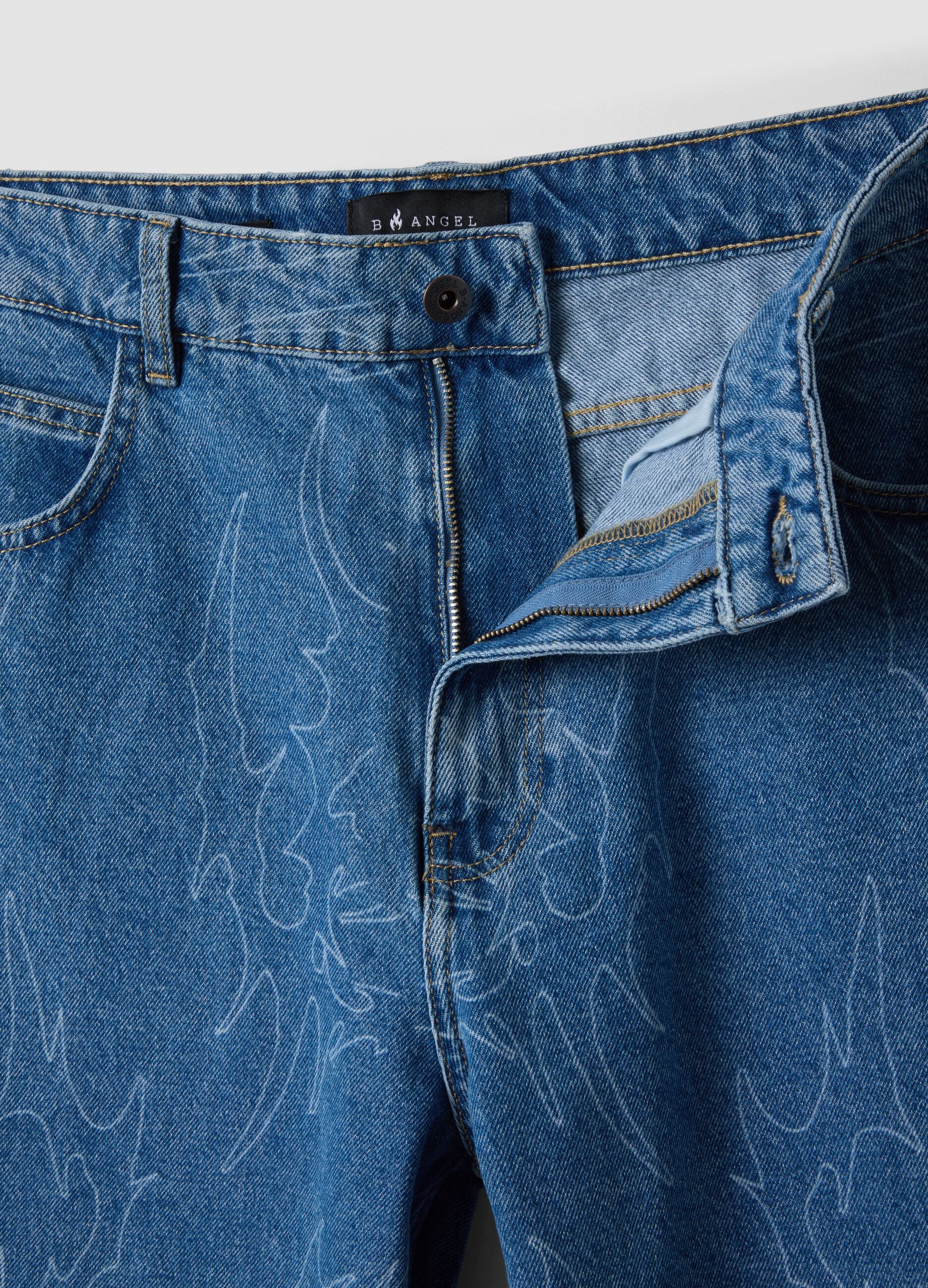 Blue denim baggy-fit jeans in pure cotton with all-over print