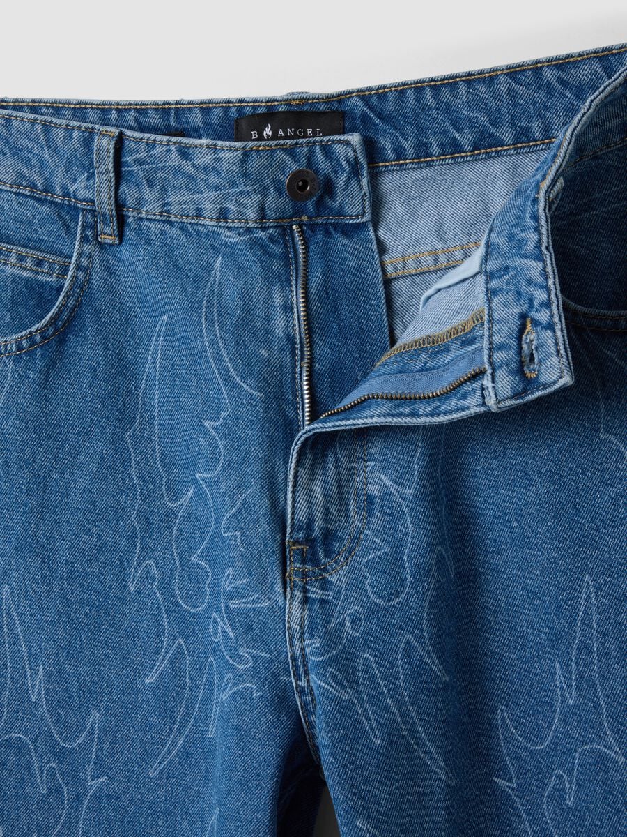 Blue denim baggy-fit jeans in pure cotton with all-over print_2