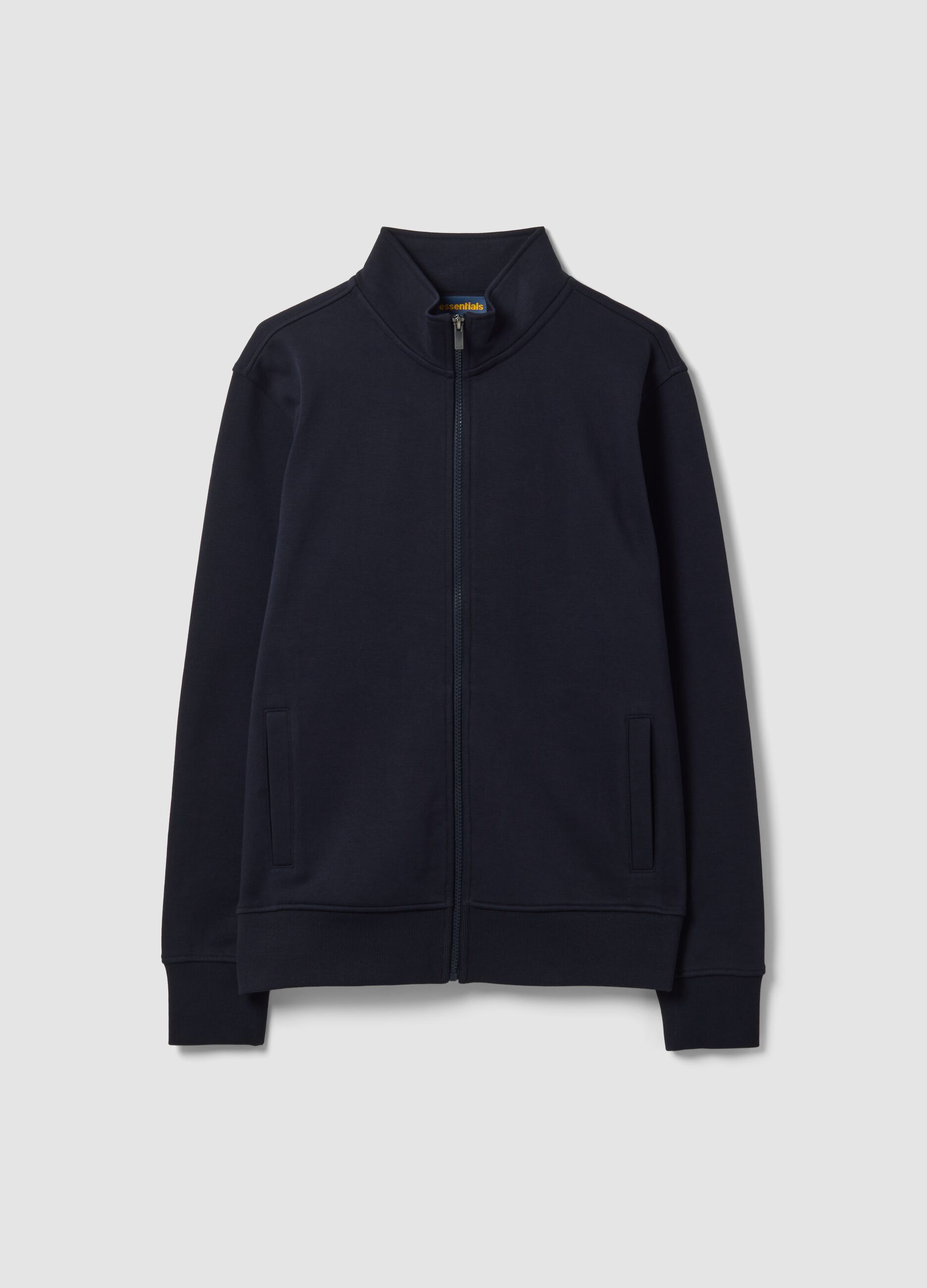Sweatshirt azul em mistura de algod&atilde;o com gola redonda e fecho de correr, regular fit