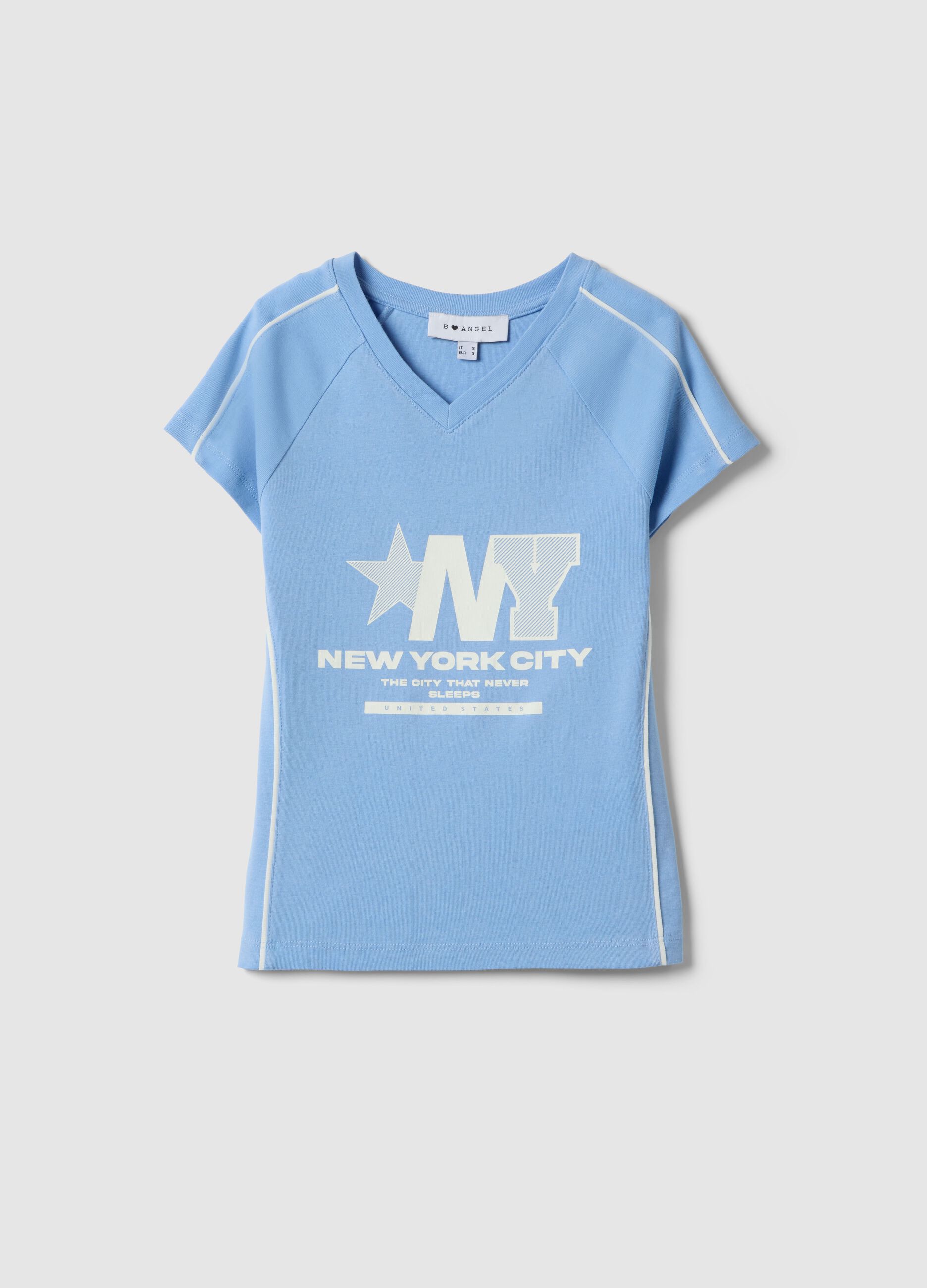 Camiseta azul de algod&oacute;n puro slim fit con cuello en V y estampado