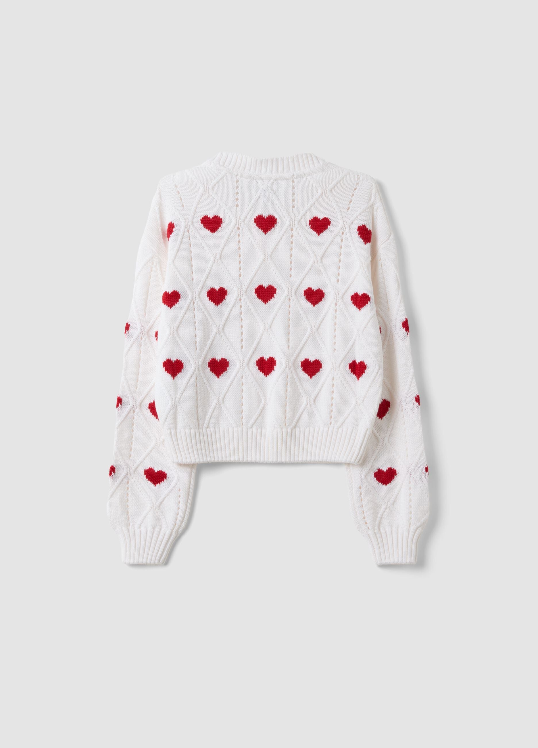White cotton-blend jumper with openwork pattern and hearts for girls