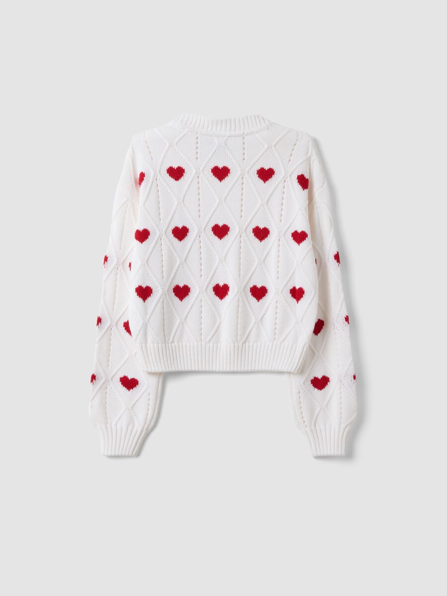 White cotton-blend jumper with openwork pattern and hearts for girls_1