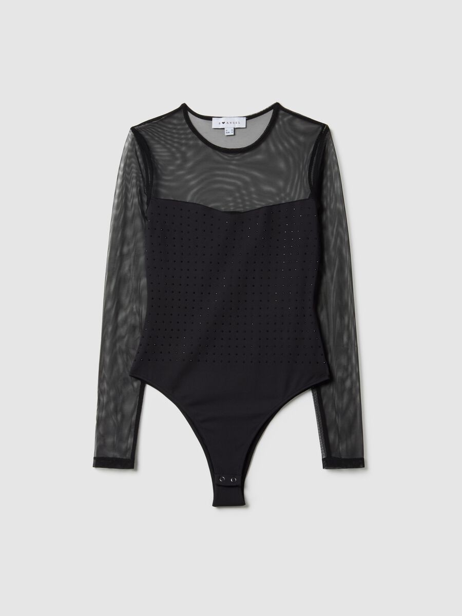 Black slim fit bodysuit with sheer accents_4