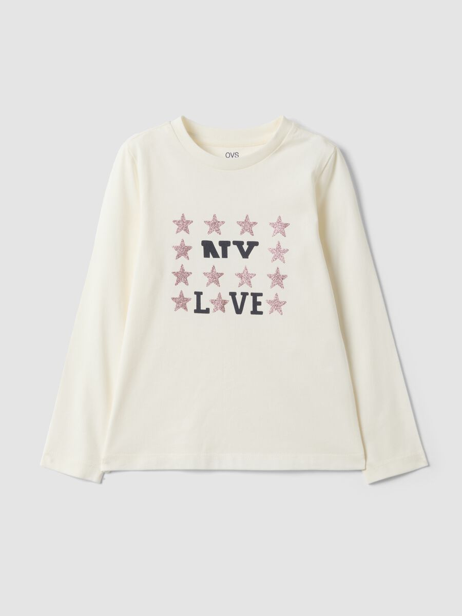 White pure organic cotton T-shirt with glitter print for girls_0