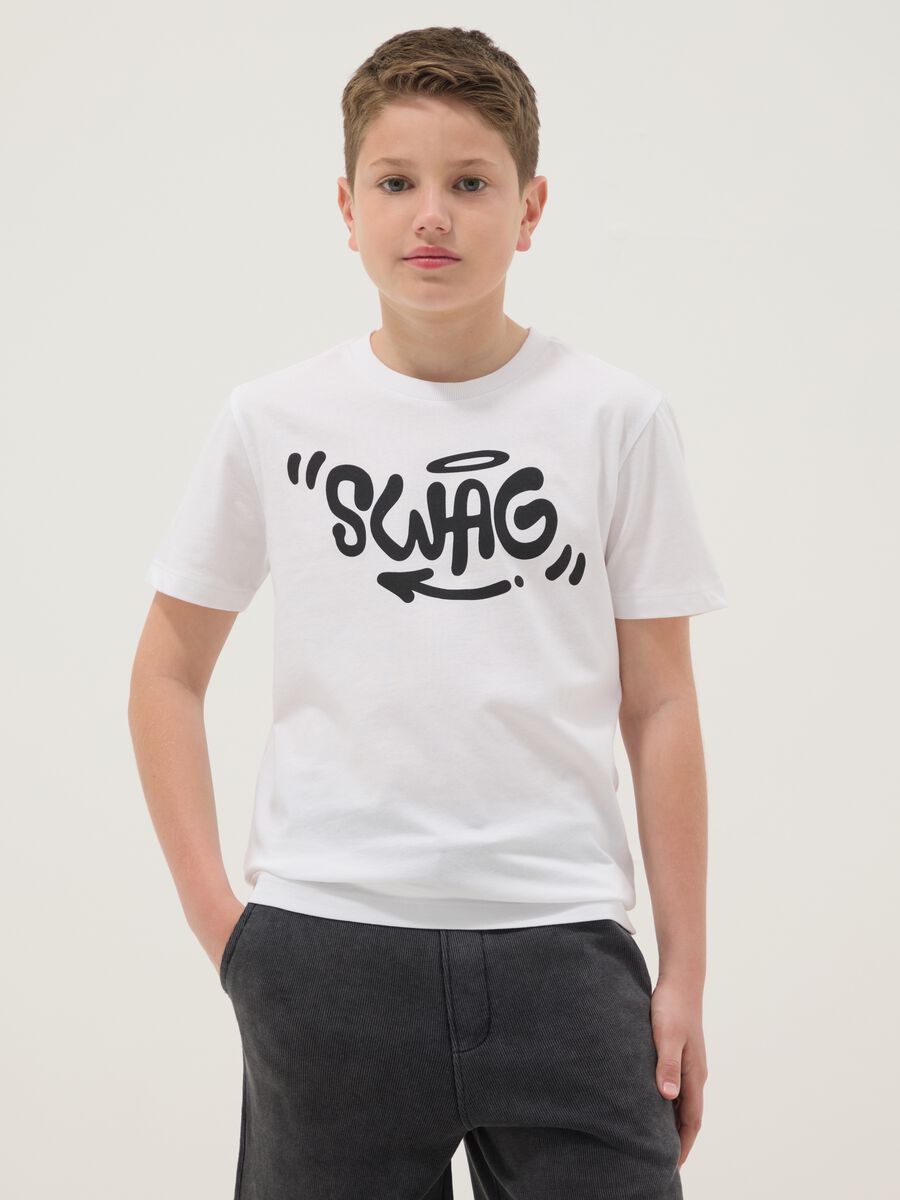 Boys' white pure cotton T-shirt regular fit with Swag print_0