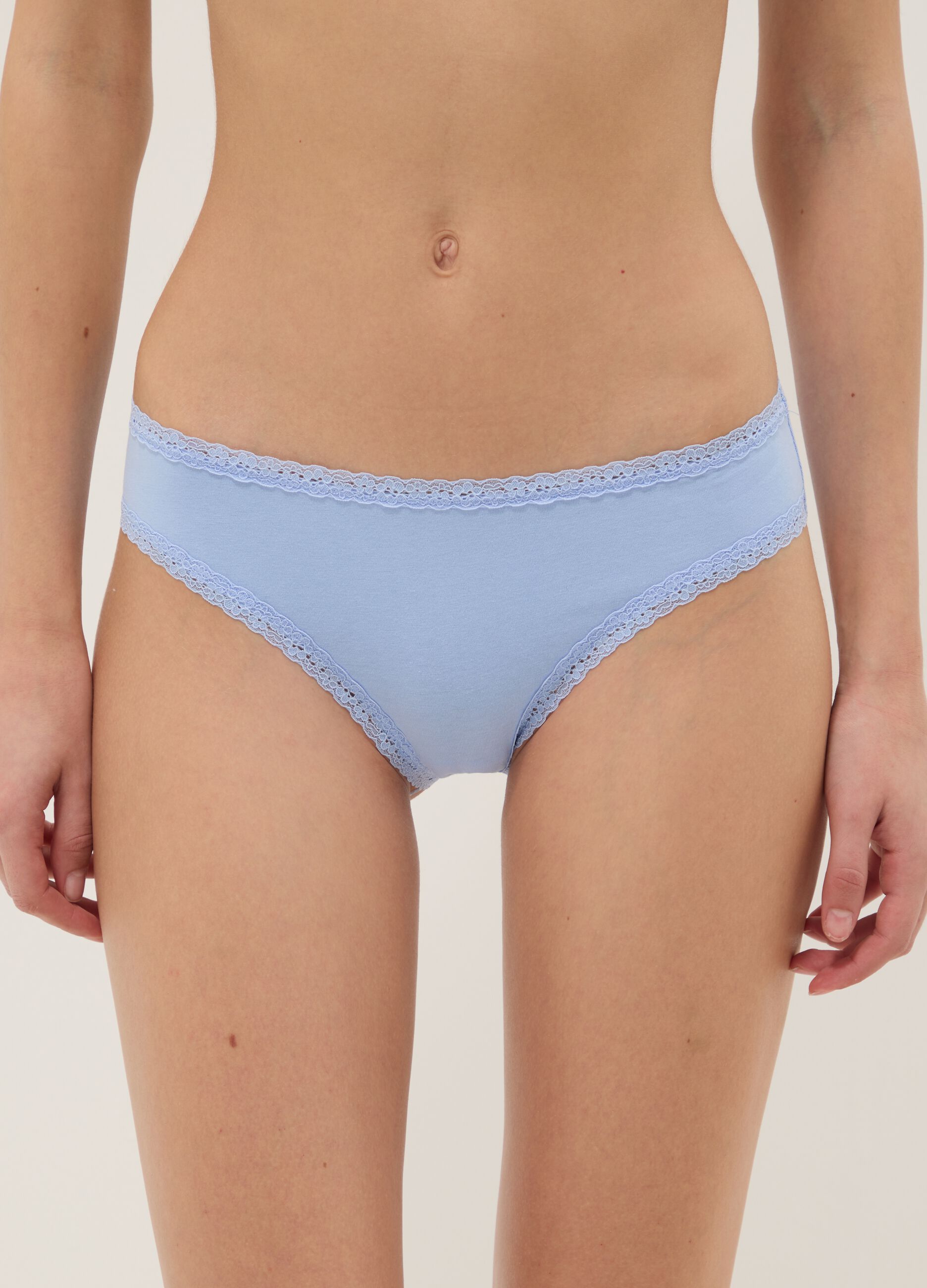 Regular fit blue stretch cotton briefs with lace details