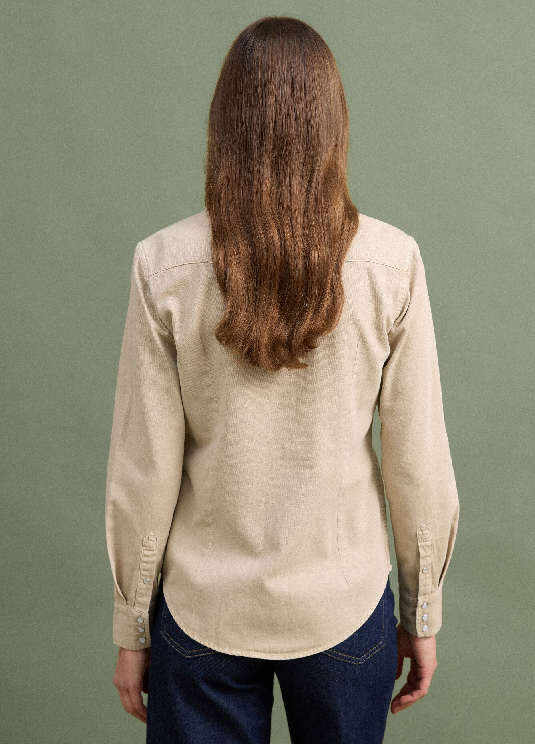 Beige pure cotton shirt with snap buttons, regular fit