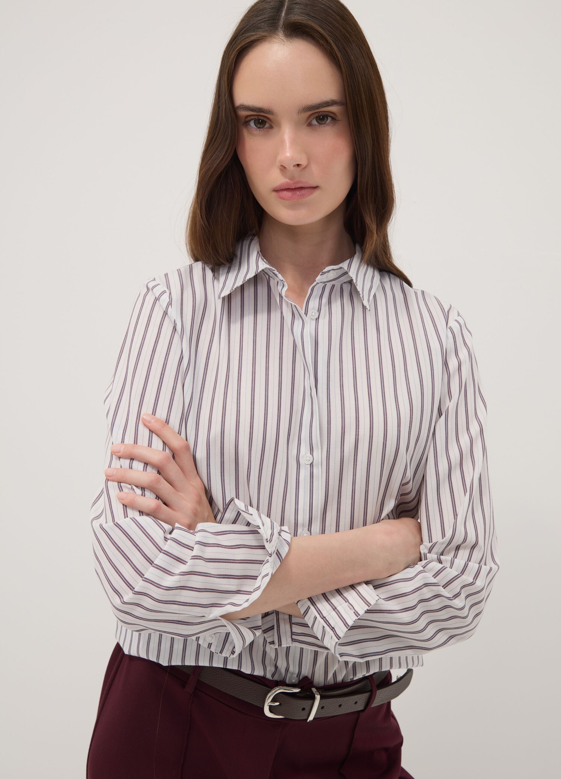 White striped long-sleeve slim-fit shirt