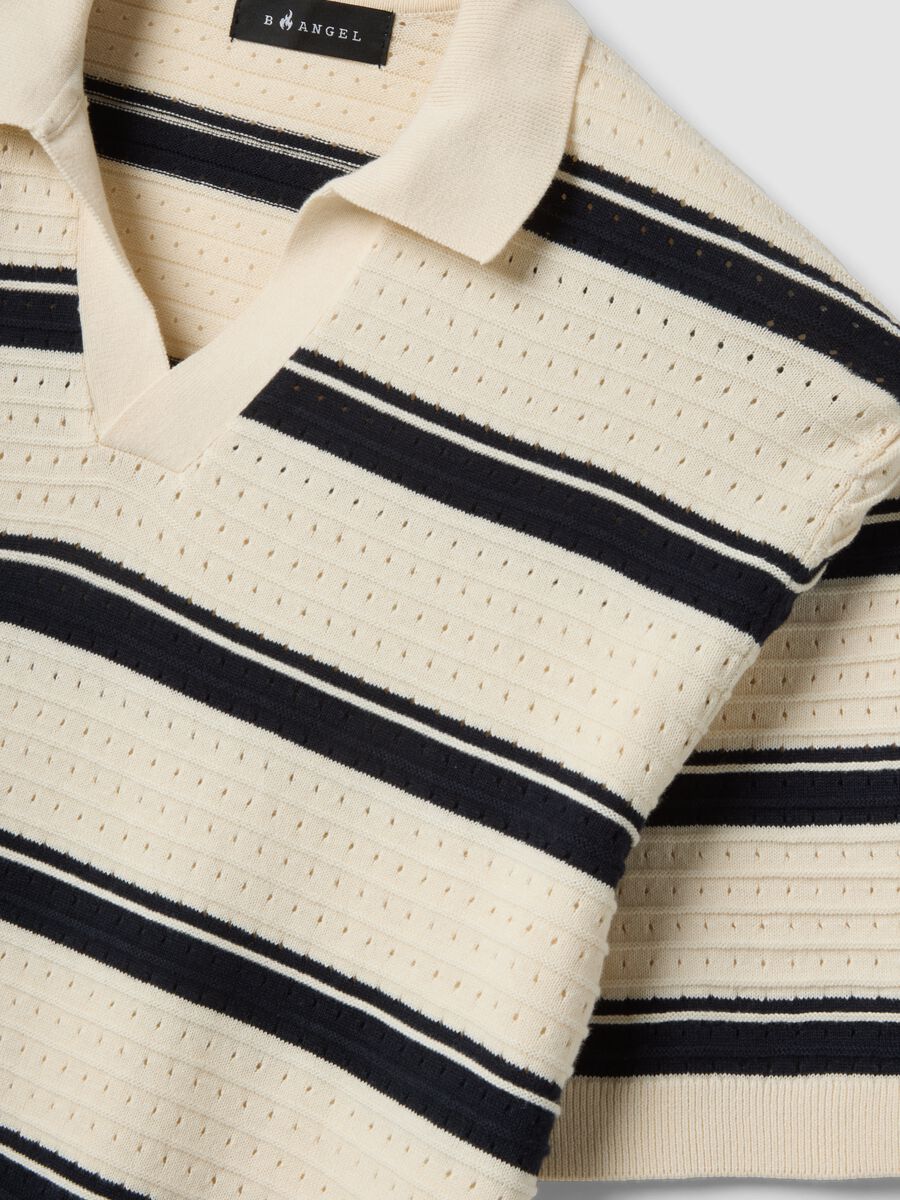 Beige gestreiftes Poloshirt aus reiner Baumwolle mit klassischem Kragen, Oversize-Fit_5
