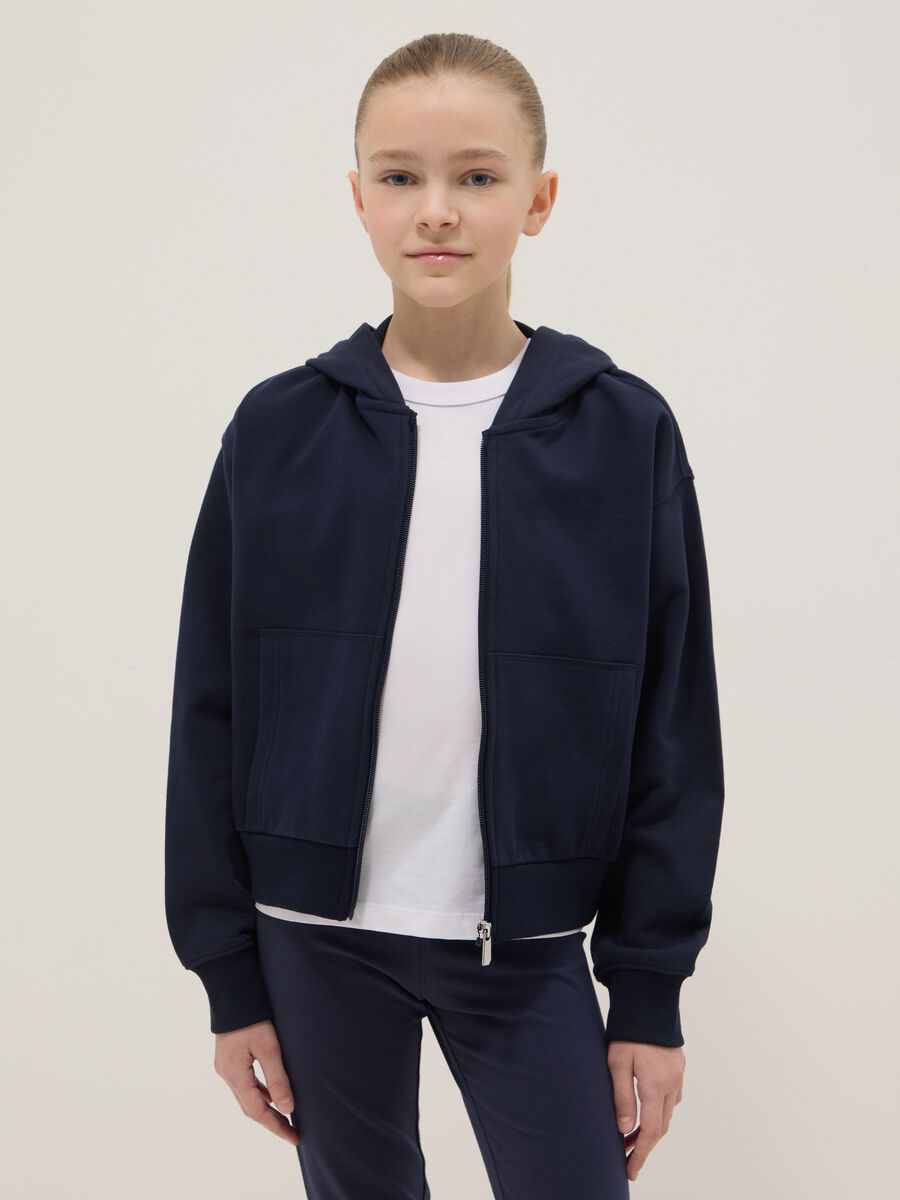 Blue pure cotton hoodie with zip for girls, regular fit_0
