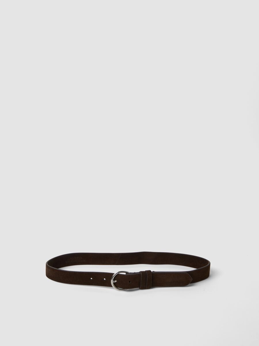 Genuine leather brown belt with oval buckle_0