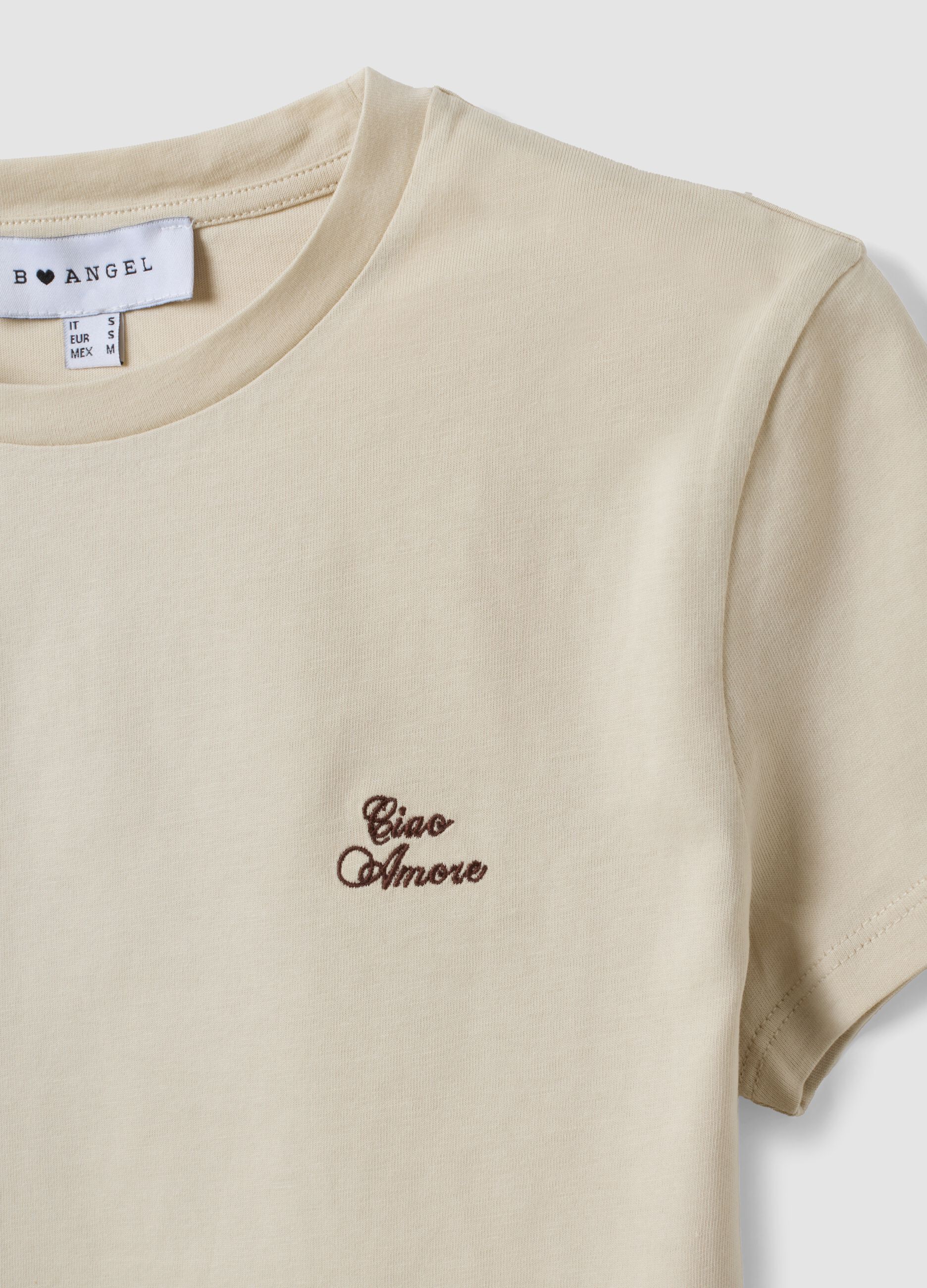 Beiges Cropped T-Shirt aus reiner Baumwolle mit Rundhals und Print