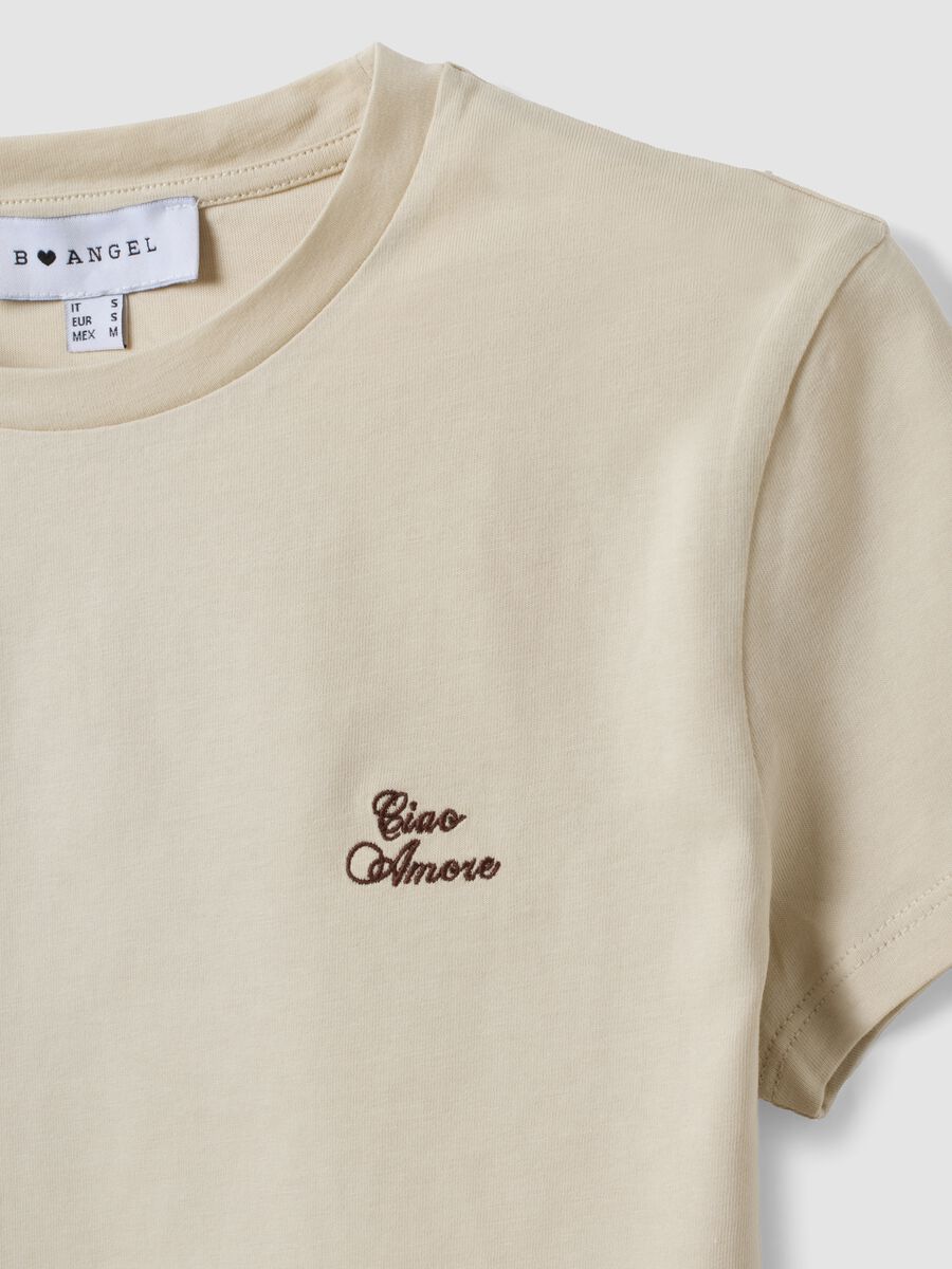 Beige pure cotton cropped T-shirt with crew neck and print_6