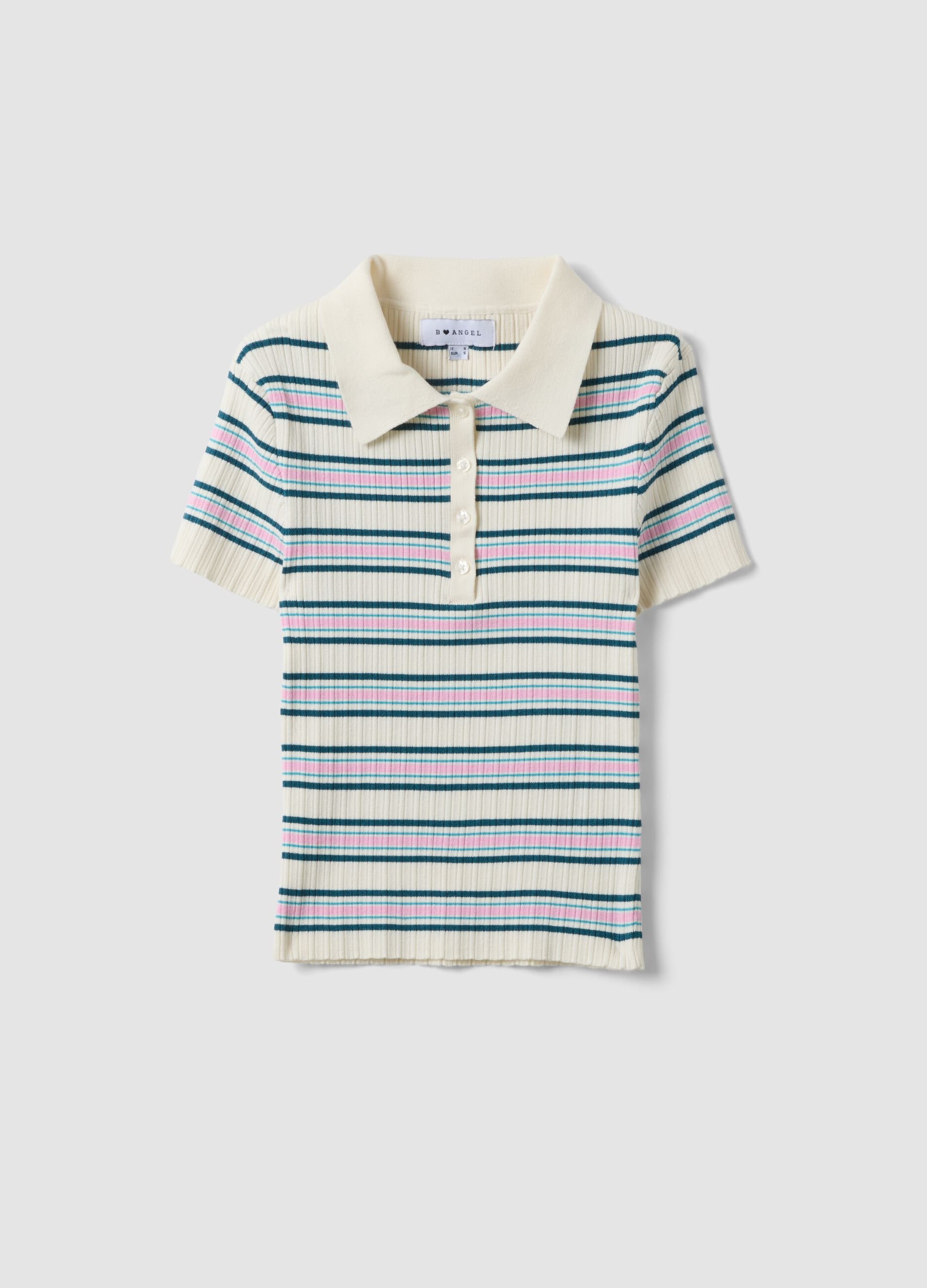 Fitted sweater in viscose blend with multicoloured stripes and polo collar