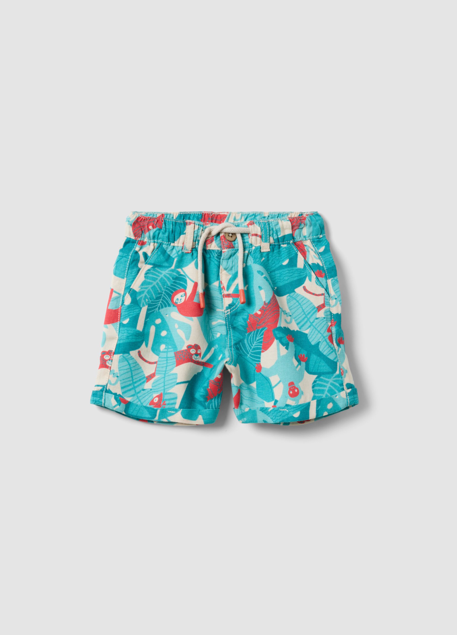Blue viscose-linen blend tropical print shorts for boys, regular fit
