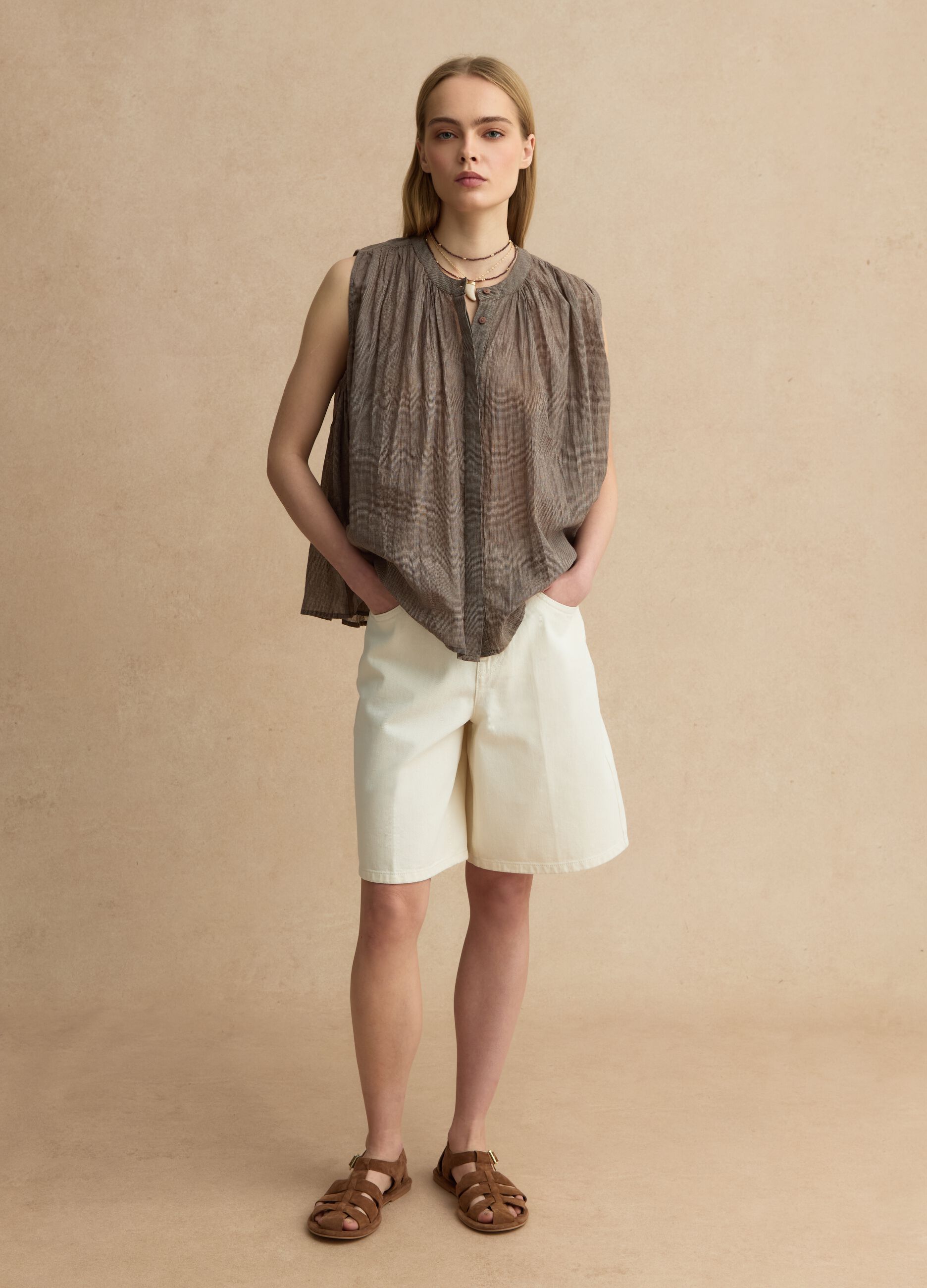 Blouse sans manches en coton pur marron coupe r&eacute;guli&egrave;re