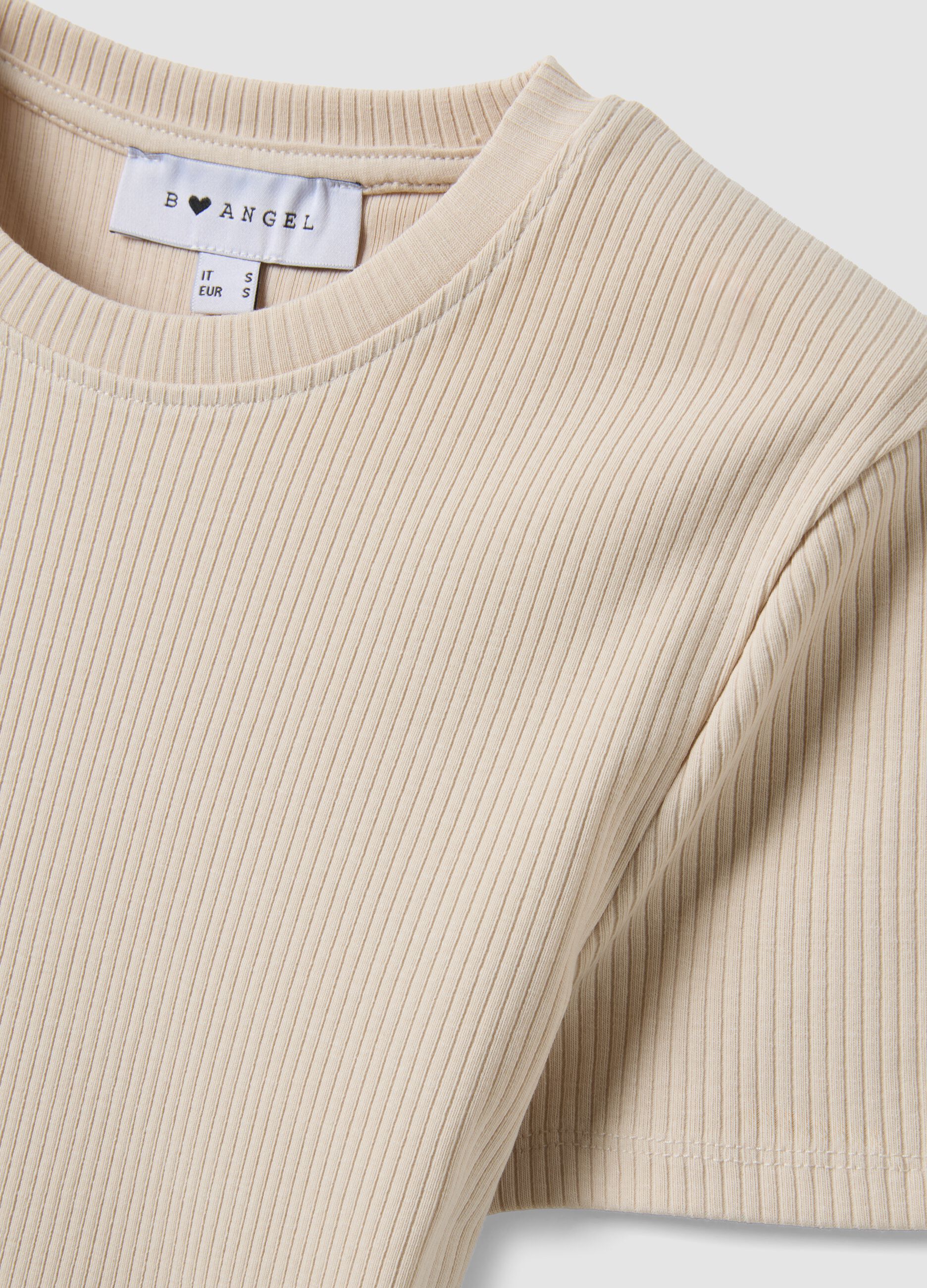 Beiges, geripptes Slim-Fit T-Shirt aus Stretch-Baumwolle