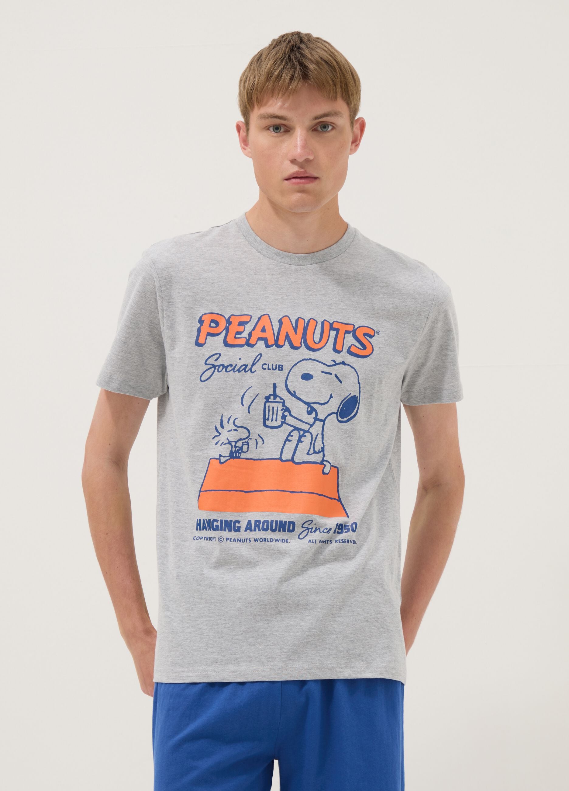Men's grey short cotton pyjama set with Peanuts print, regular fit