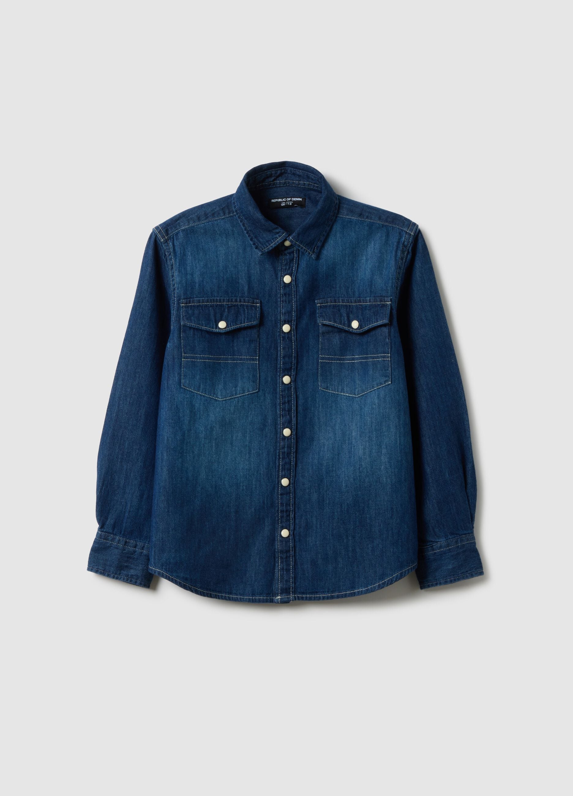 Boys' regular fit blue denim pure cotton shirt