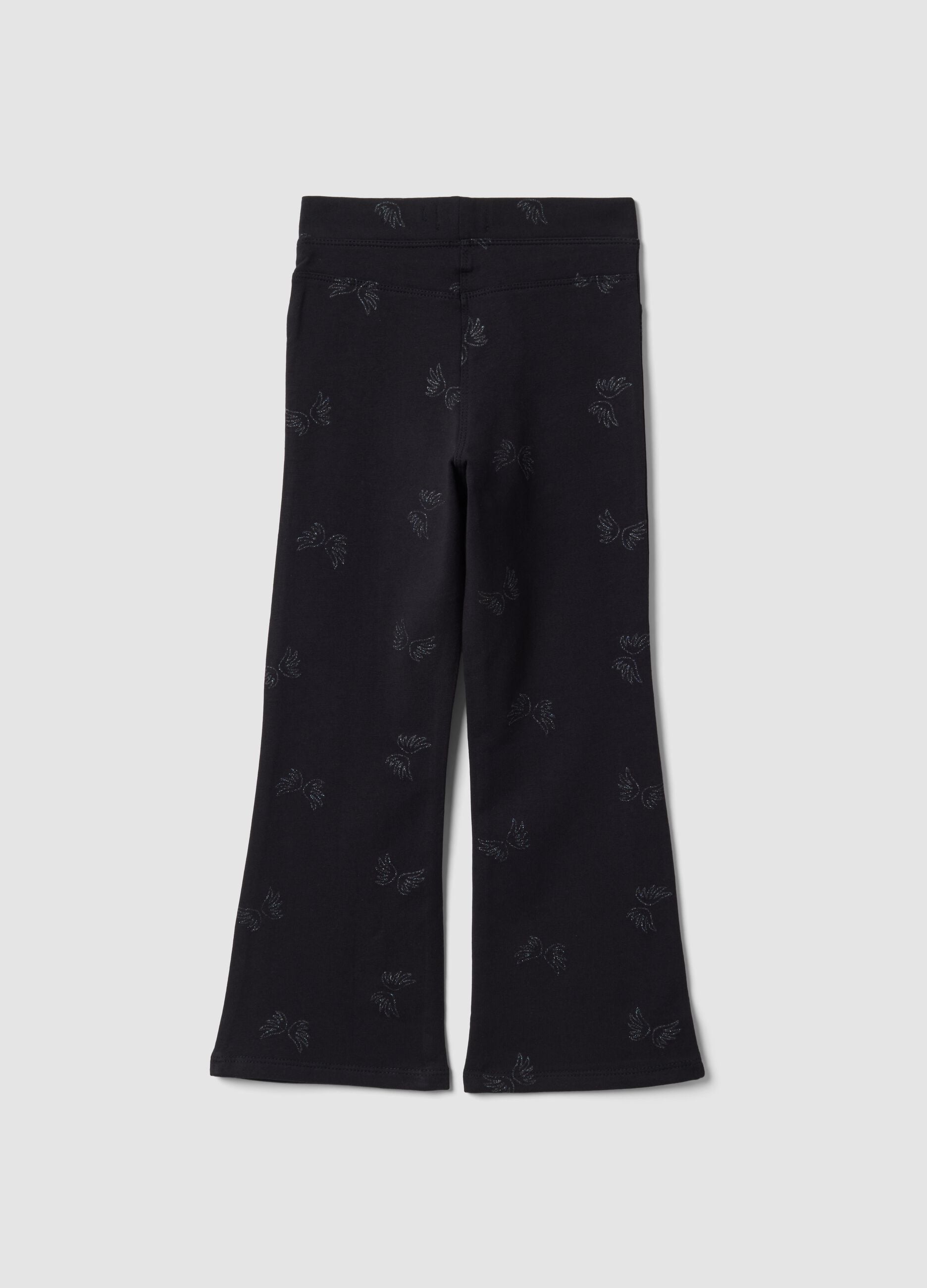 Black flared organic stretch-cotton treggings with glitter wing print