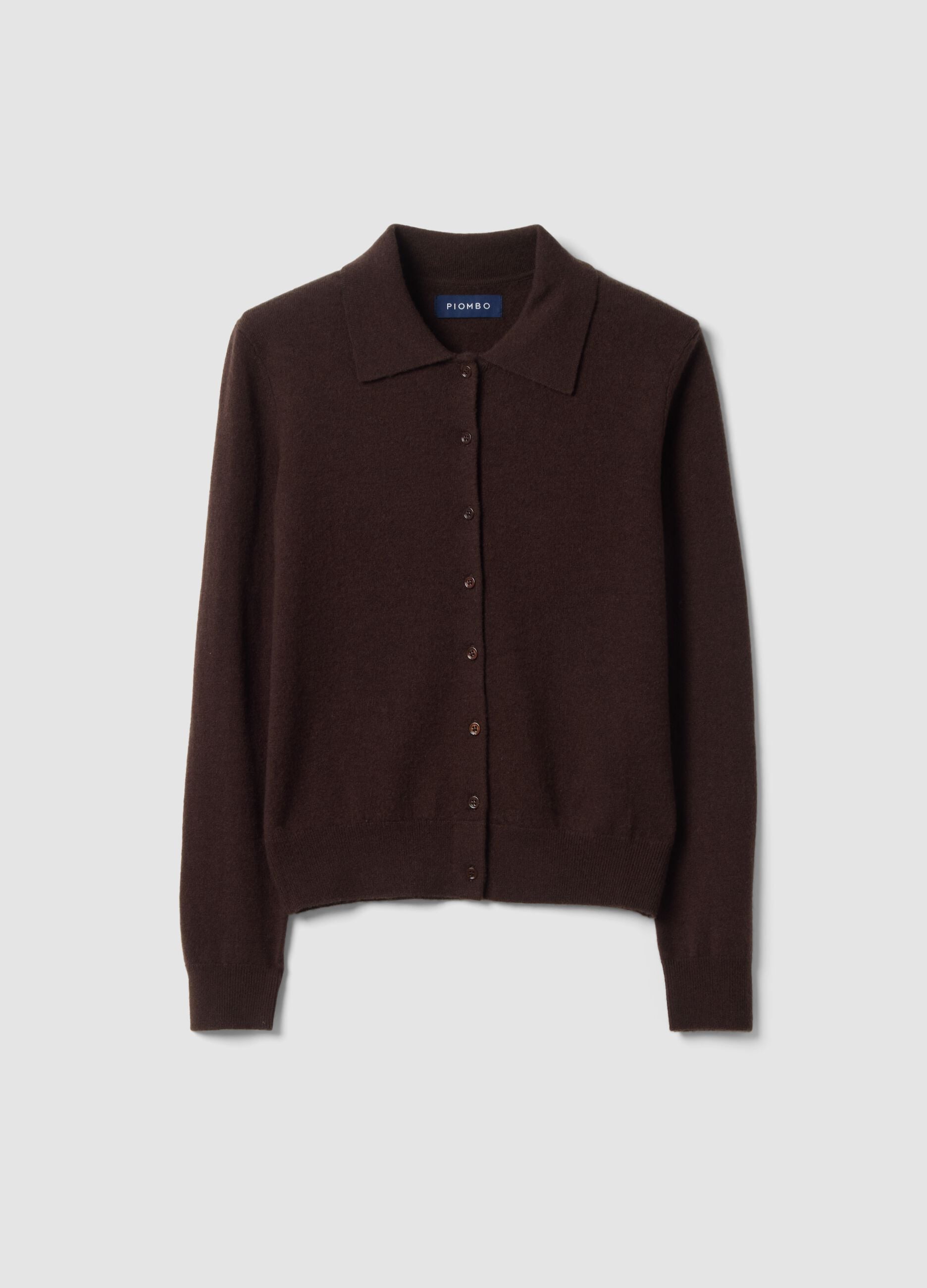 Brown pure wool cardigan with polo collar, regular fit