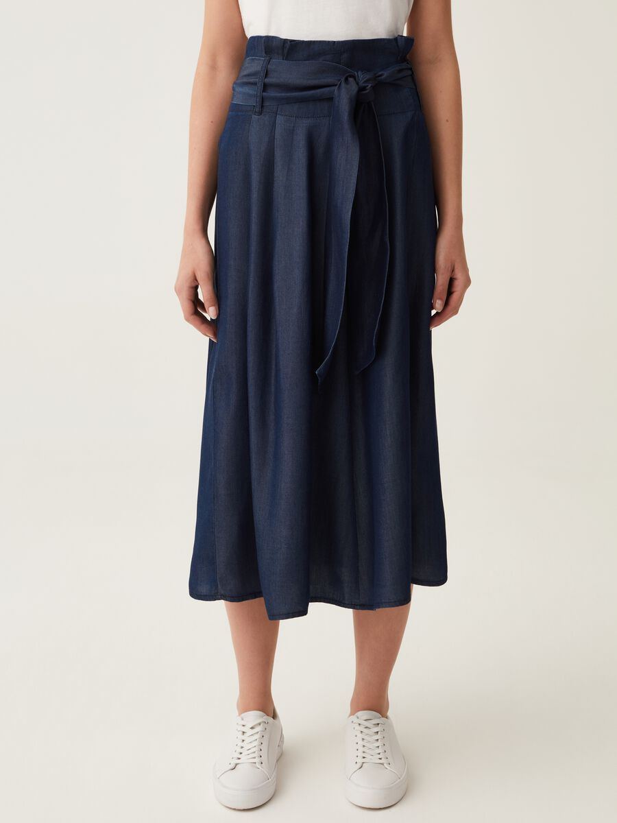 Denim-effect midi skirt with belt_1