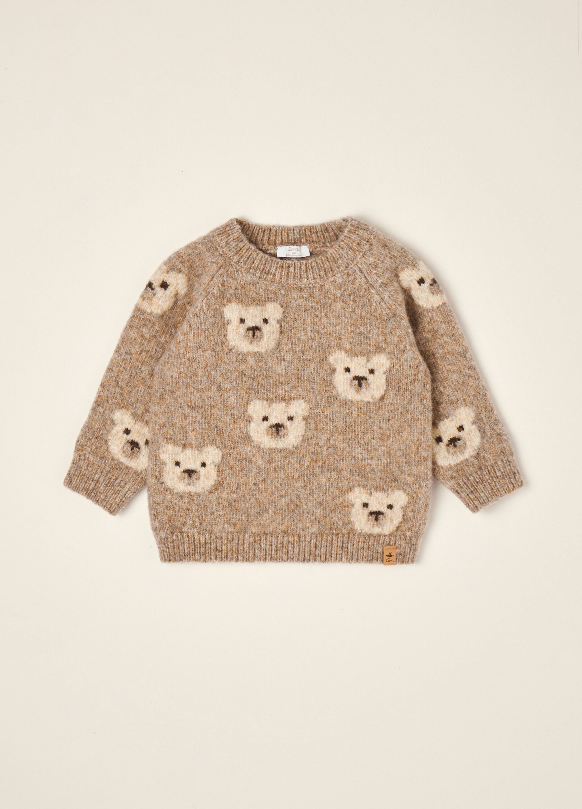 Beiger Wollmix-Pullover mit Rundhalsausschnitt und Teddyb&auml;r-Motiv