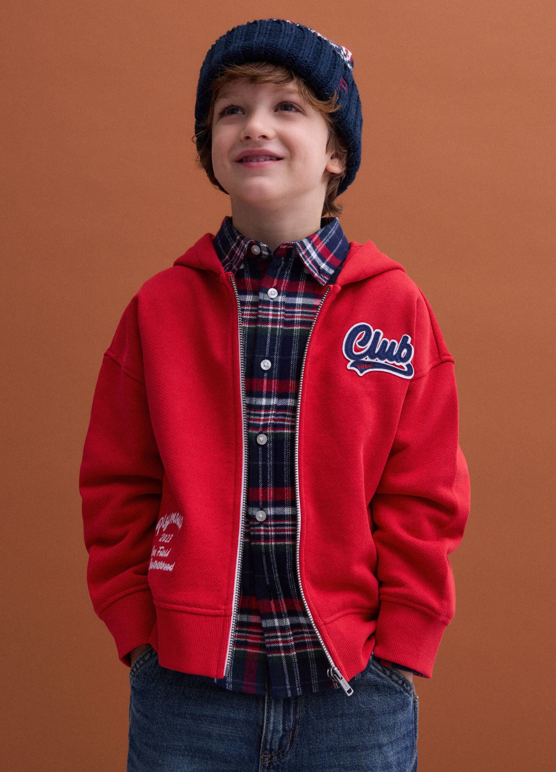 Red organic cotton hoodie with embroidered details, oversized fit, for boys