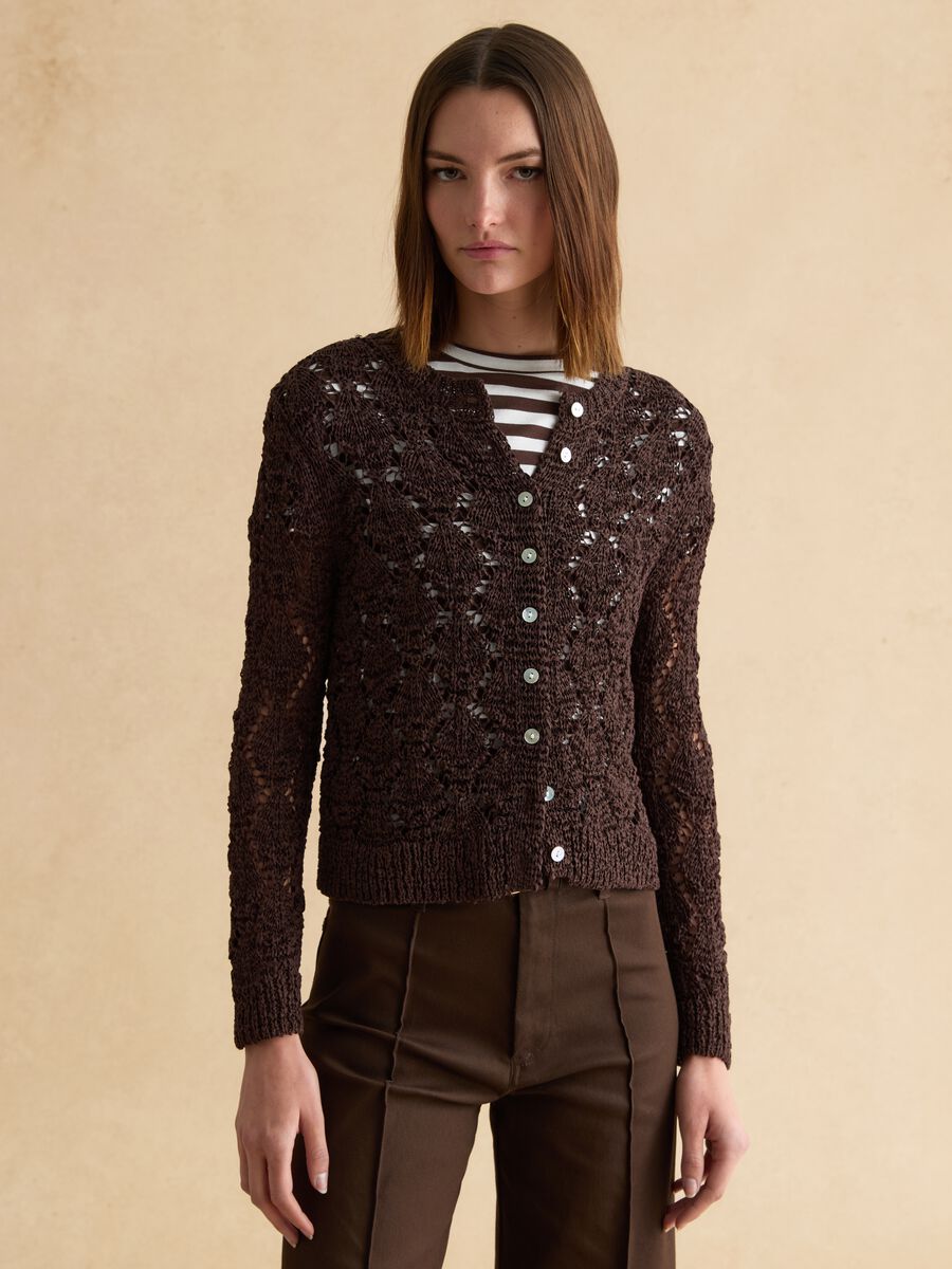 Brown cotton blend cardigan with regular fit and knitted design_1